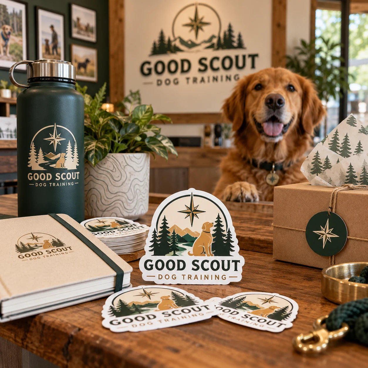 Good Scout Dog Training fictional example storefront with custom lettering and stickers