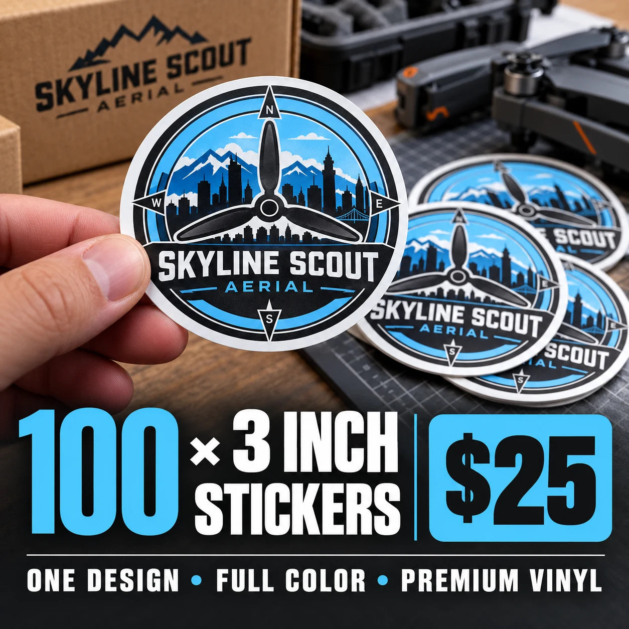Skyline Scout Aerial fictional example: 100 custom 3 inch stickers for $25
