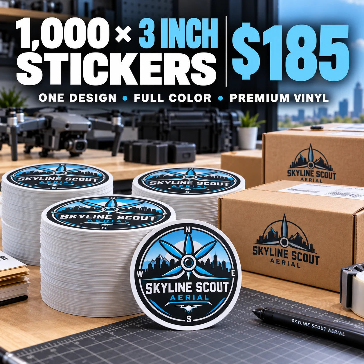 Skyline Scout Aerial fictional example: 1000 custom 3 inch stickers for $185