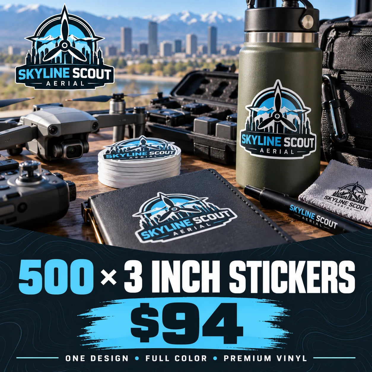 Skyline Scout Aerial fictional example: 500 custom 3 inch stickers for $94
