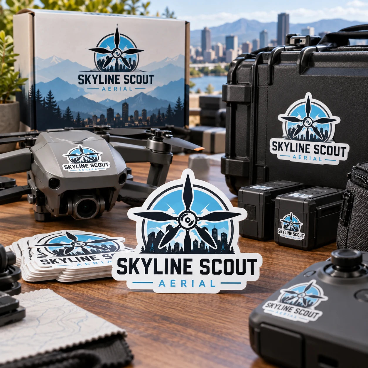 Skyline Scout Aerial fictional example storefront with custom lettering and stickers