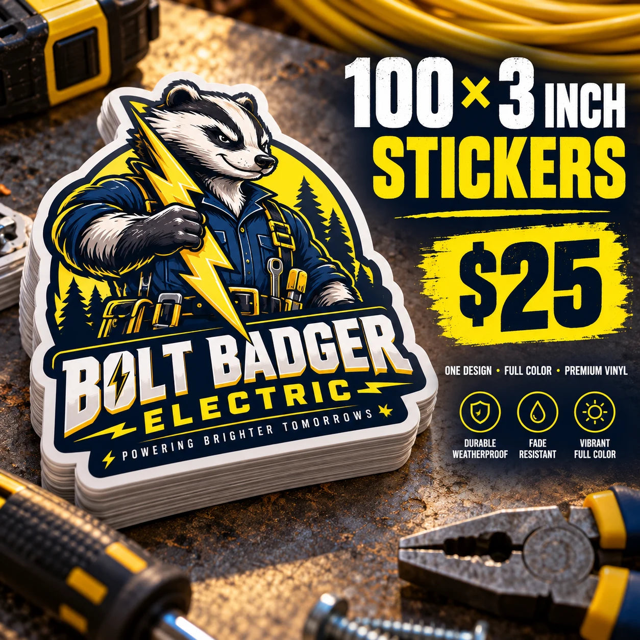 Bolt Badger Electric fictional example: 100 custom 3 inch stickers for $25
