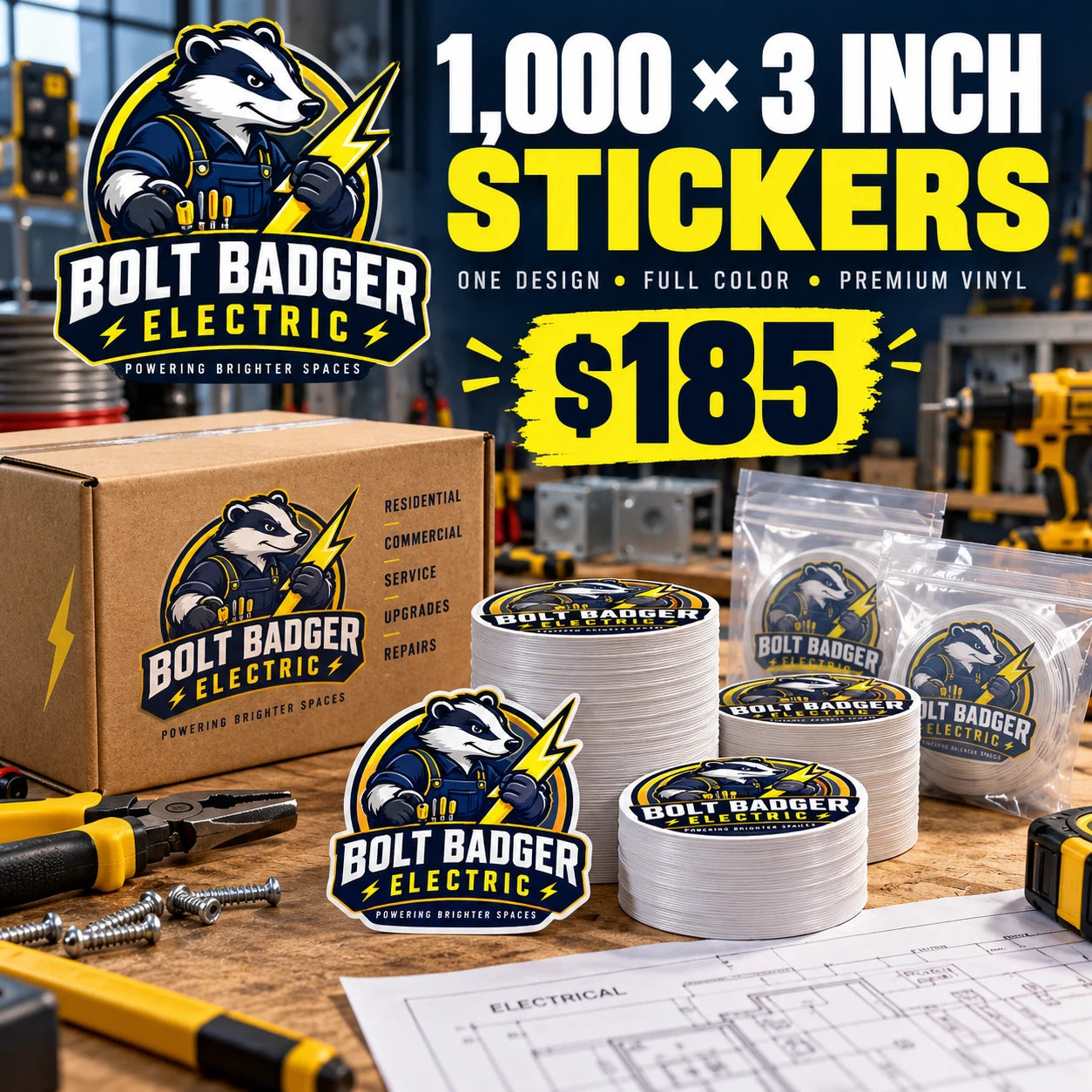 Bolt Badger Electric fictional example: 1000 custom 3 inch stickers for $185