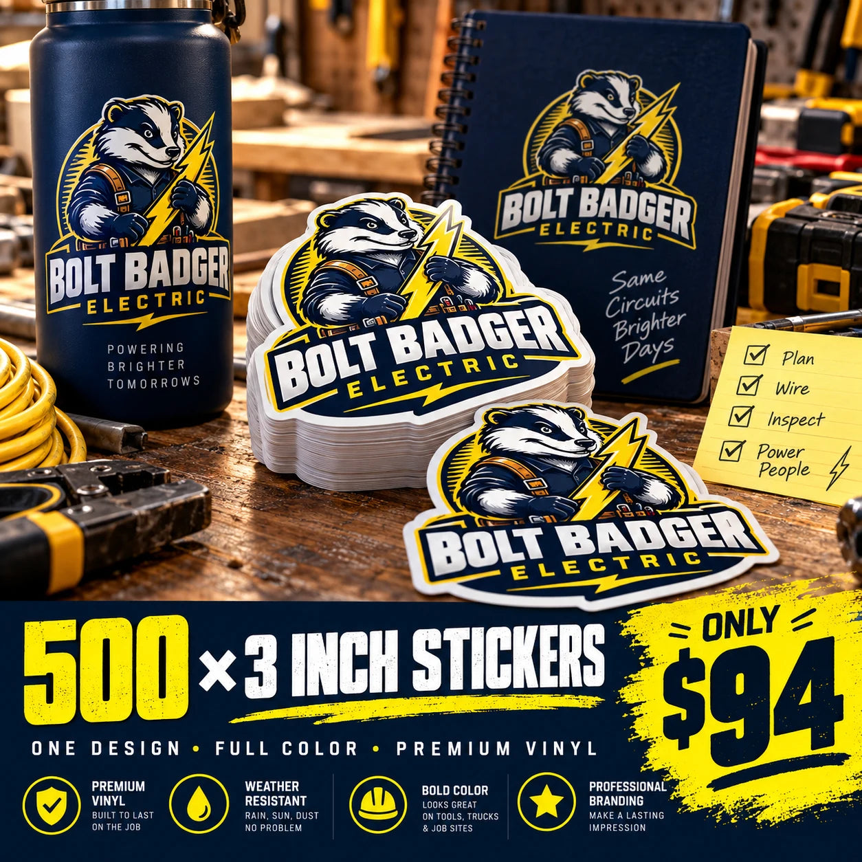 Bolt Badger Electric fictional example: 500 custom 3 inch stickers for $94