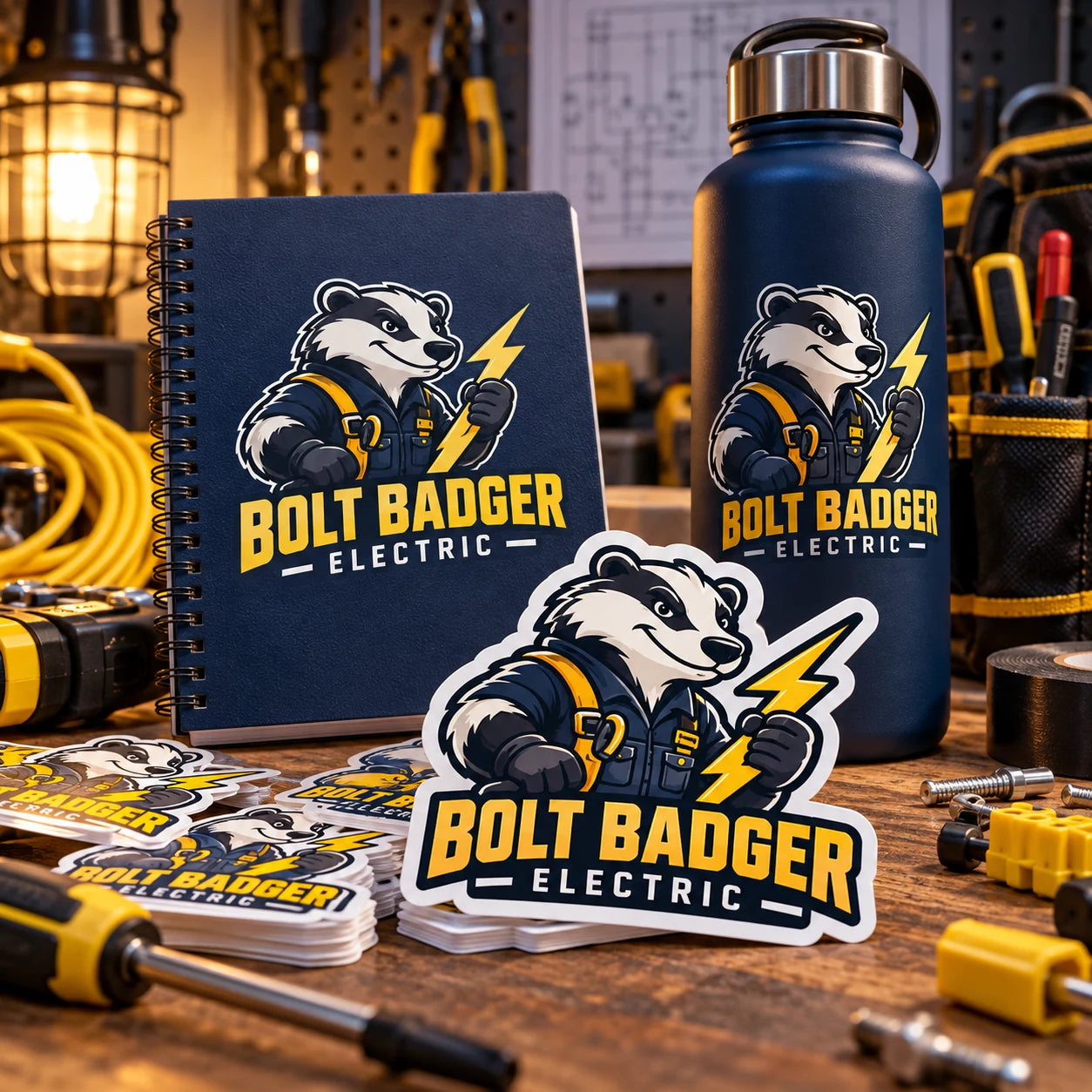 Bolt Badger Electric fictional example storefront with custom lettering and stickers