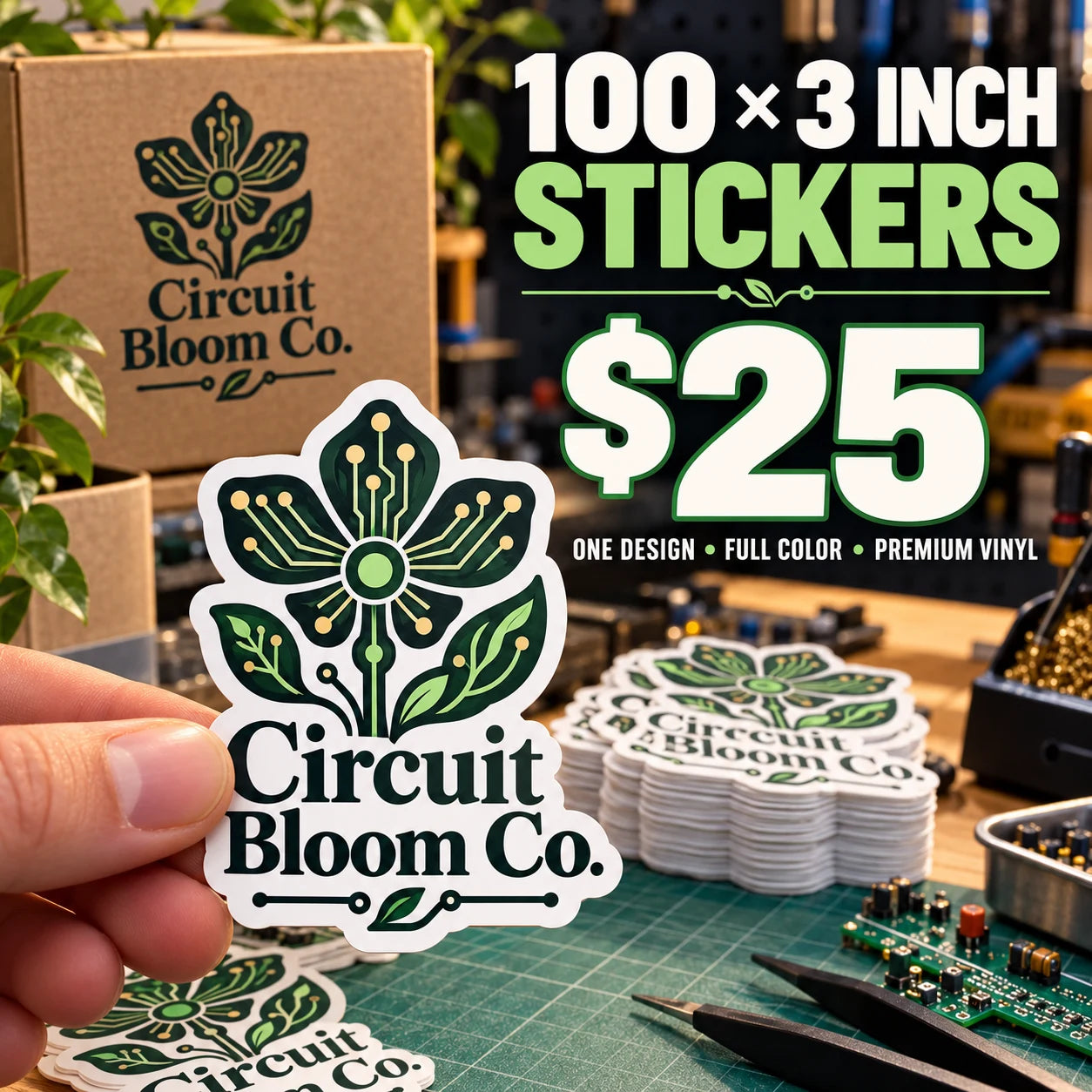Circuit Bloom Co. fictional example: 100 custom 3 inch stickers for $25