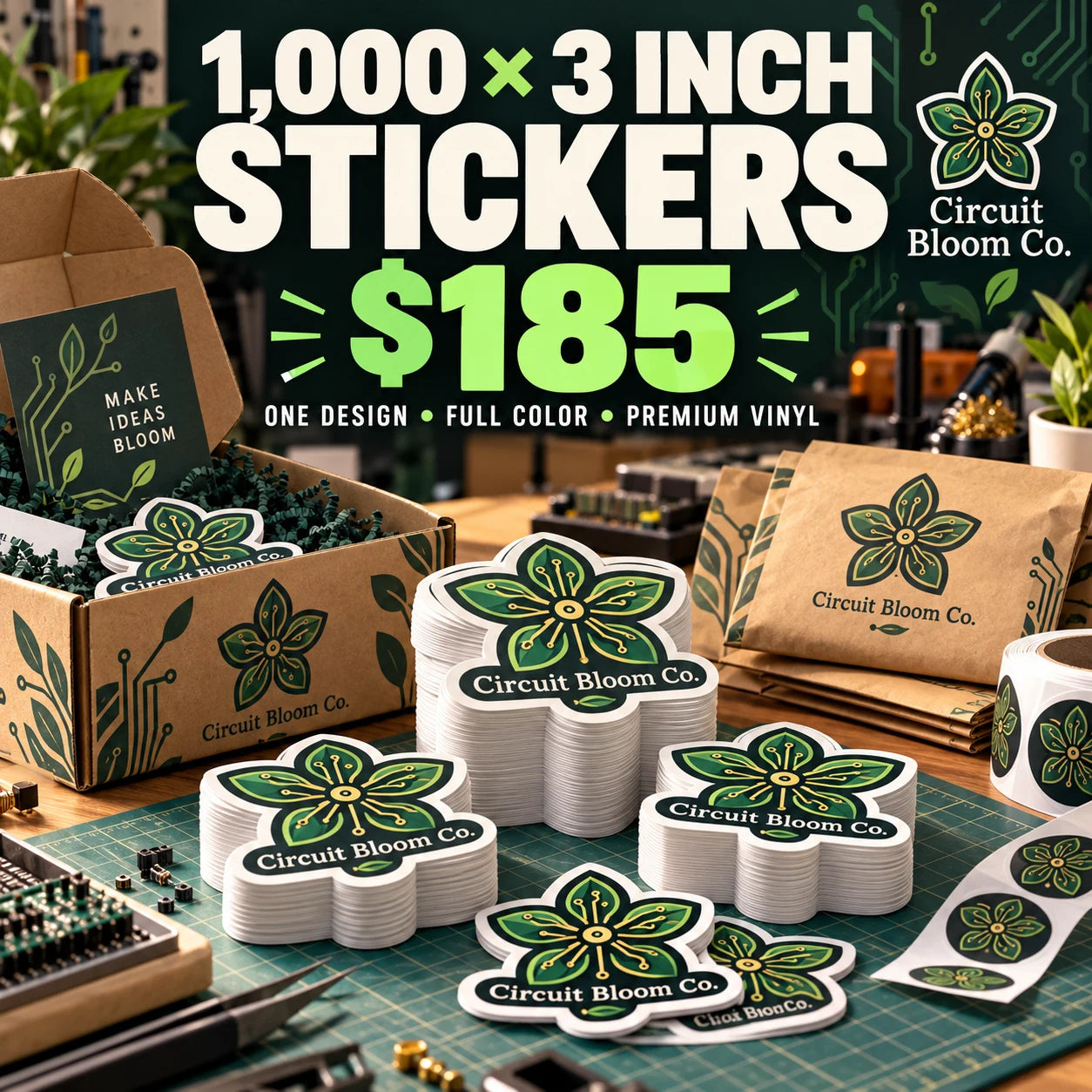 Circuit Bloom Co. fictional example: 1000 custom 3 inch stickers for $185