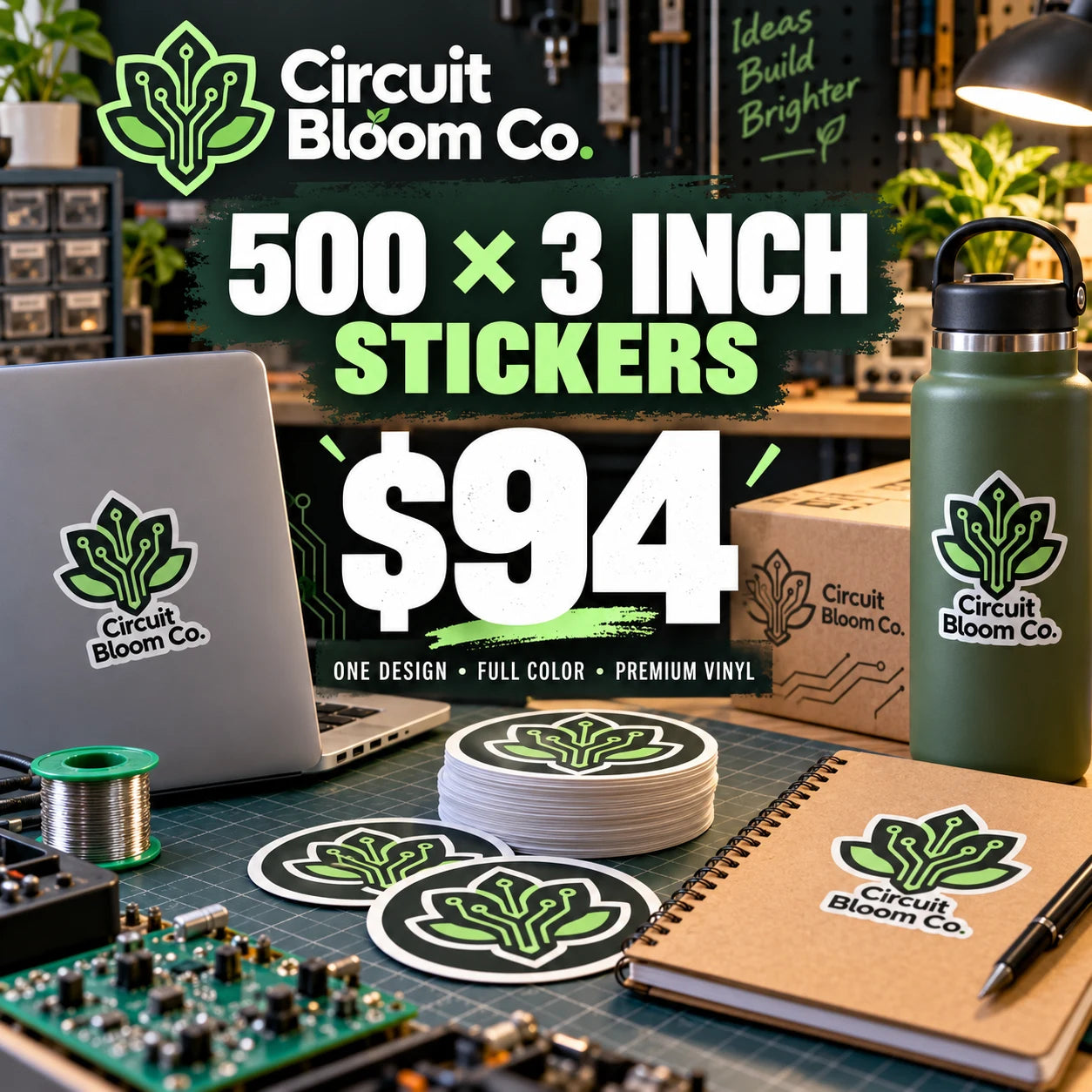 Circuit Bloom Co. fictional example: 500 custom 3 inch stickers for $94