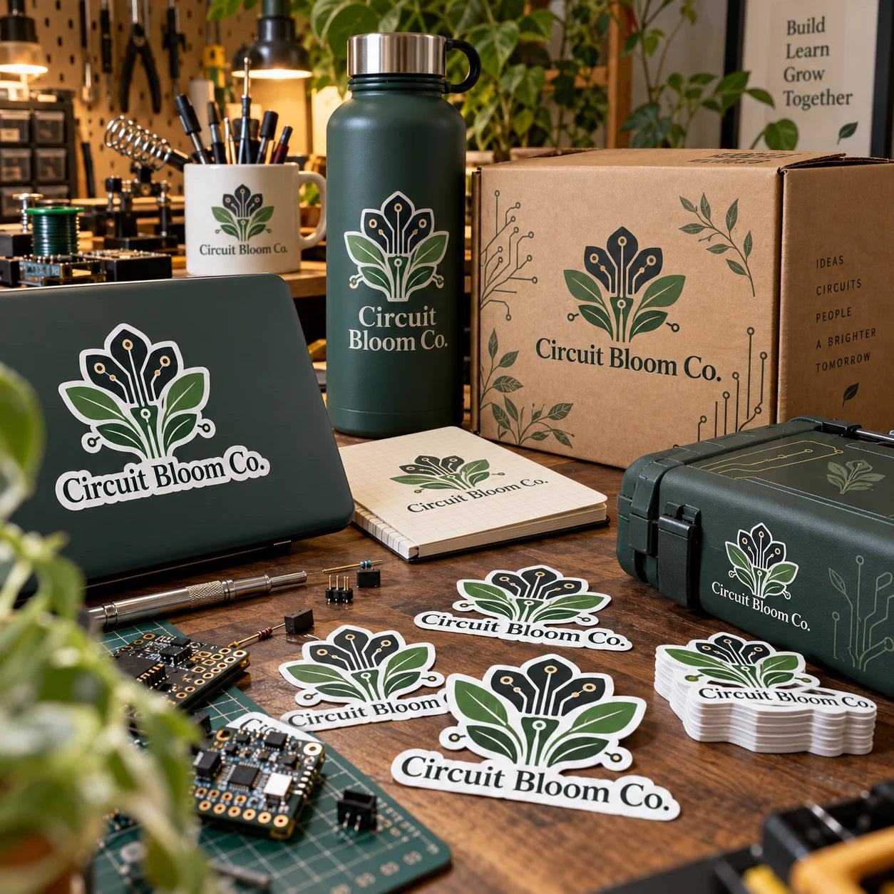 Circuit Bloom Co. fictional example storefront with custom lettering and stickers