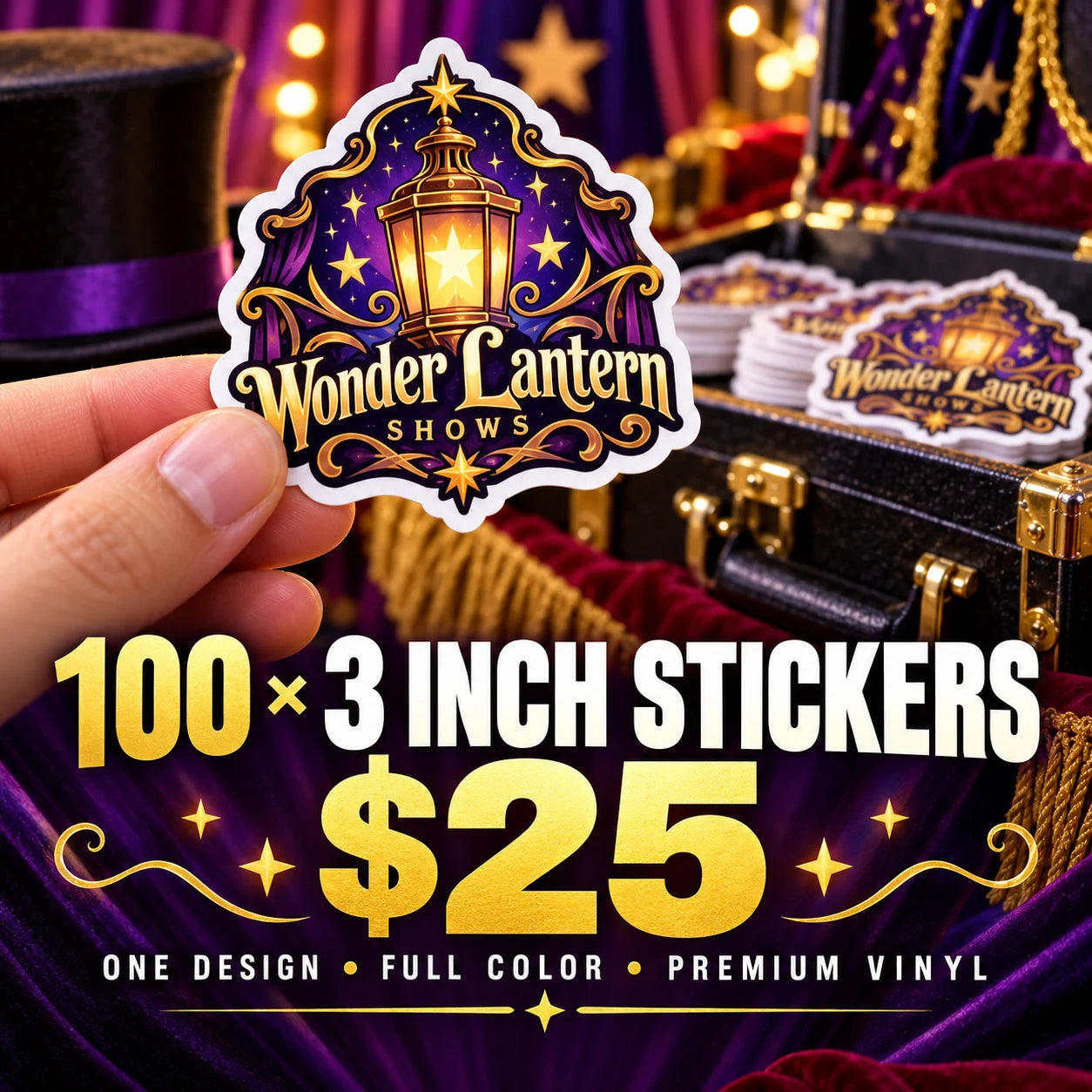 Wonder Lantern Shows fictional example: 100 custom 3 inch stickers for $25