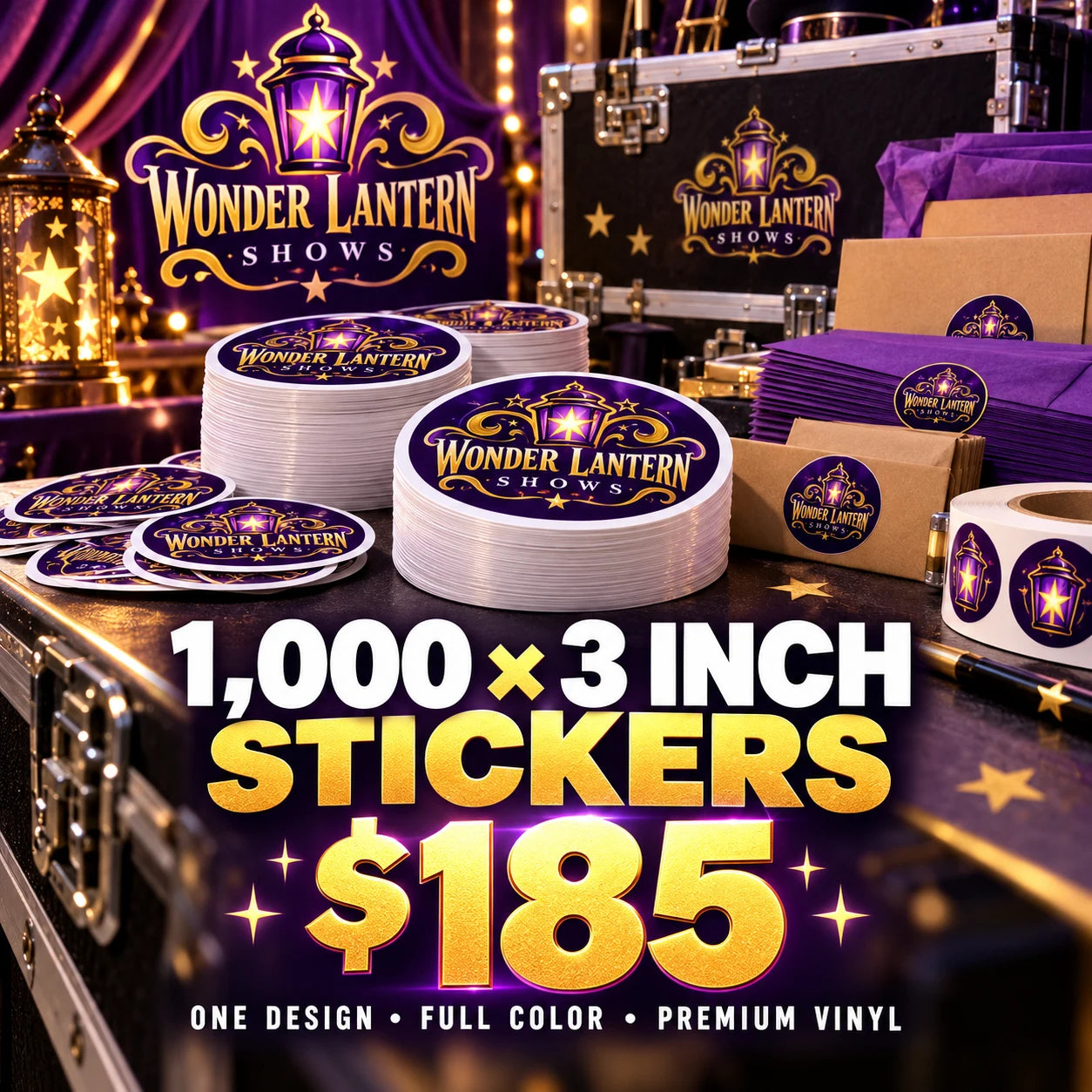Wonder Lantern Shows fictional example: 1000 custom 3 inch stickers for $185