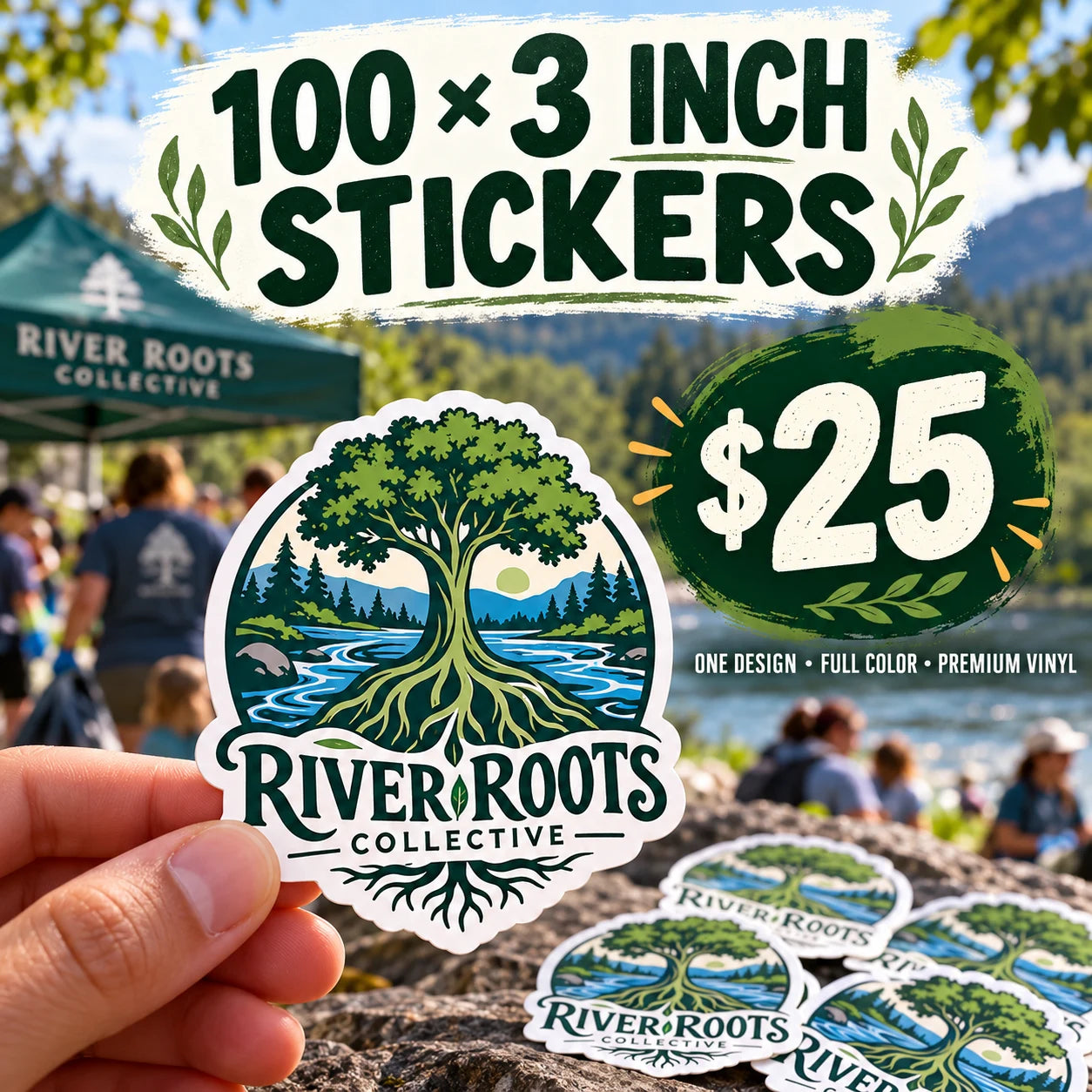 River Roots Collective fictional example: 100 custom 3 inch stickers for $25