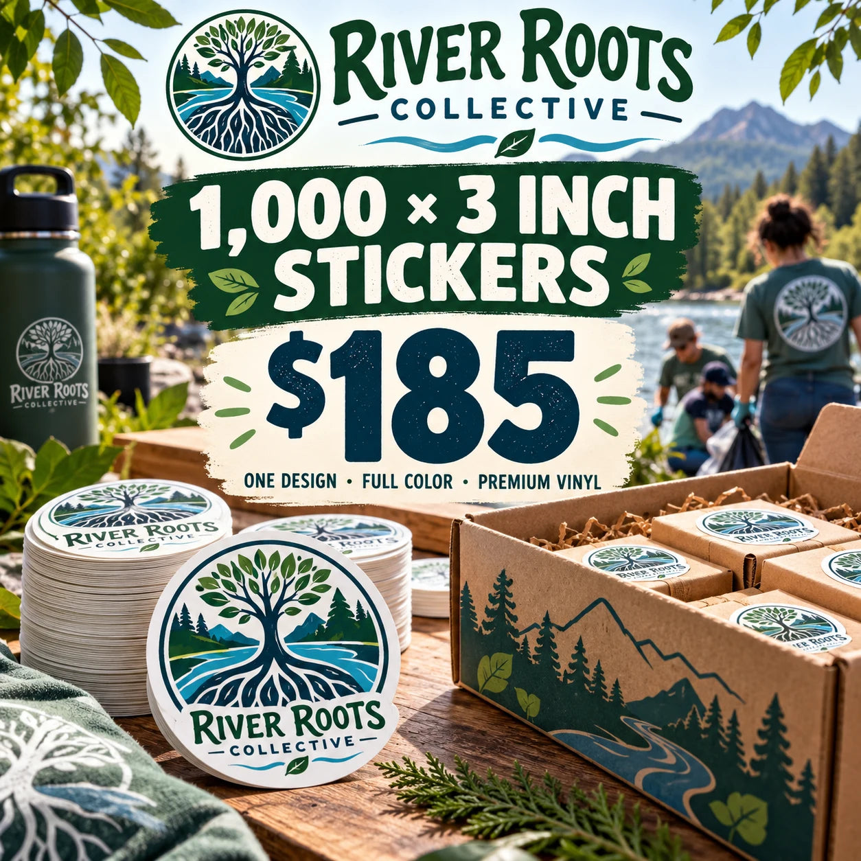 River Roots Collective fictional example: 1000 custom 3 inch stickers for $185