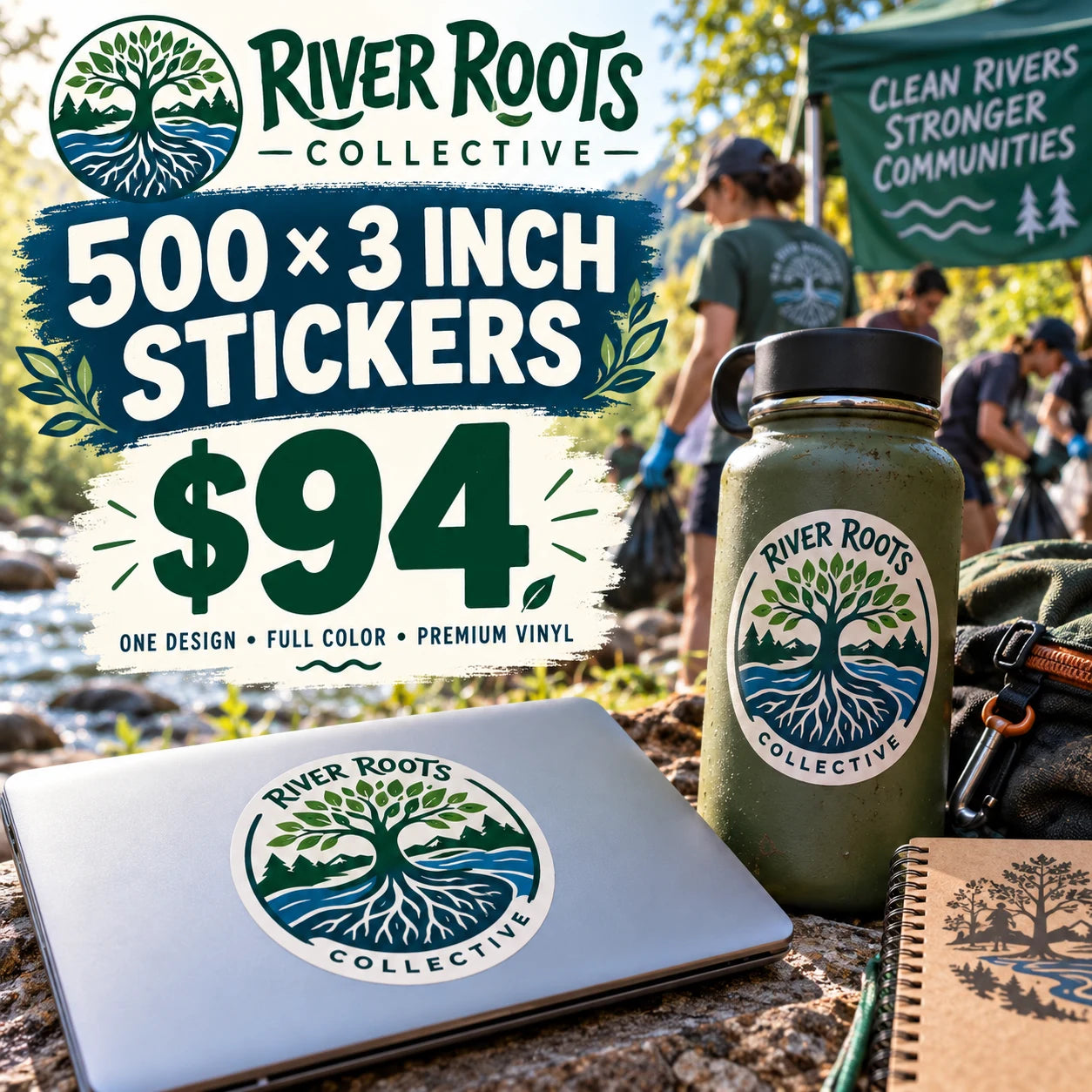 River Roots Collective fictional example: 500 custom 3 inch stickers for $94