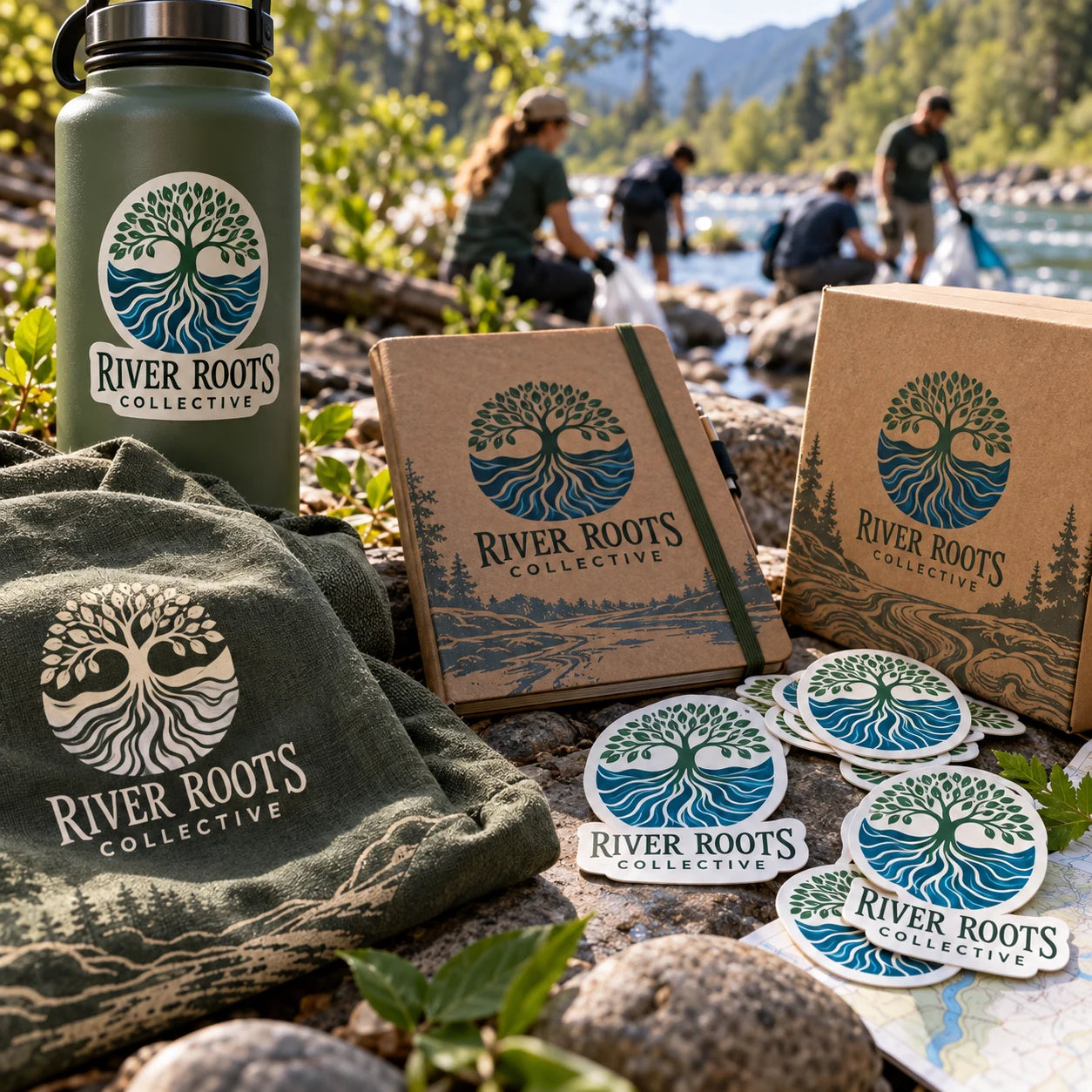 River Roots Collective fictional example storefront with custom lettering and stickers