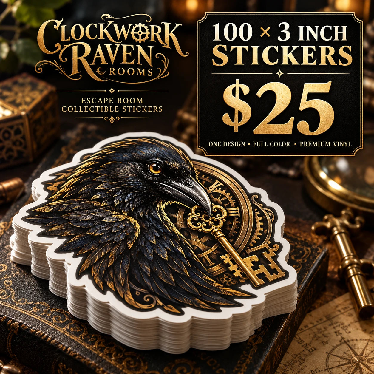 Clockwork Raven Rooms fictional example: 100 custom 3 inch stickers for $25