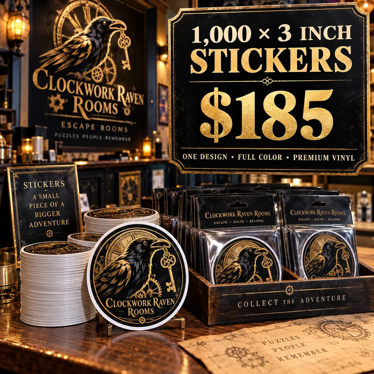 Clockwork Raven Rooms fictional example: 1000 custom 3 inch stickers for $185