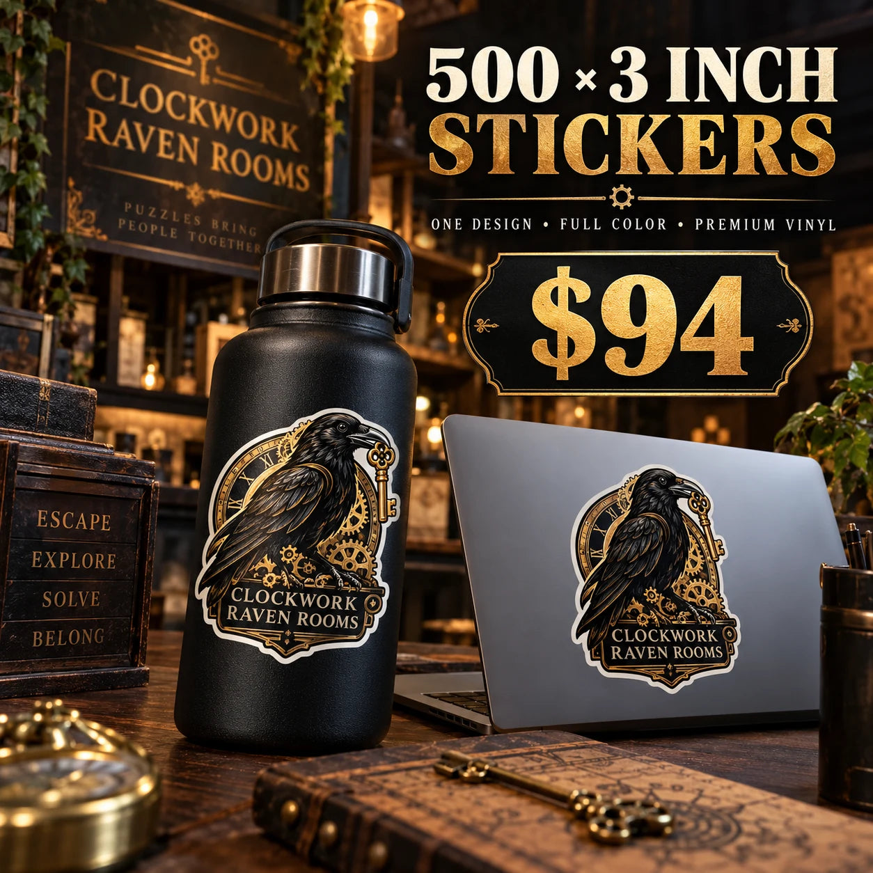 Clockwork Raven Rooms fictional example: 500 custom 3 inch stickers for $94