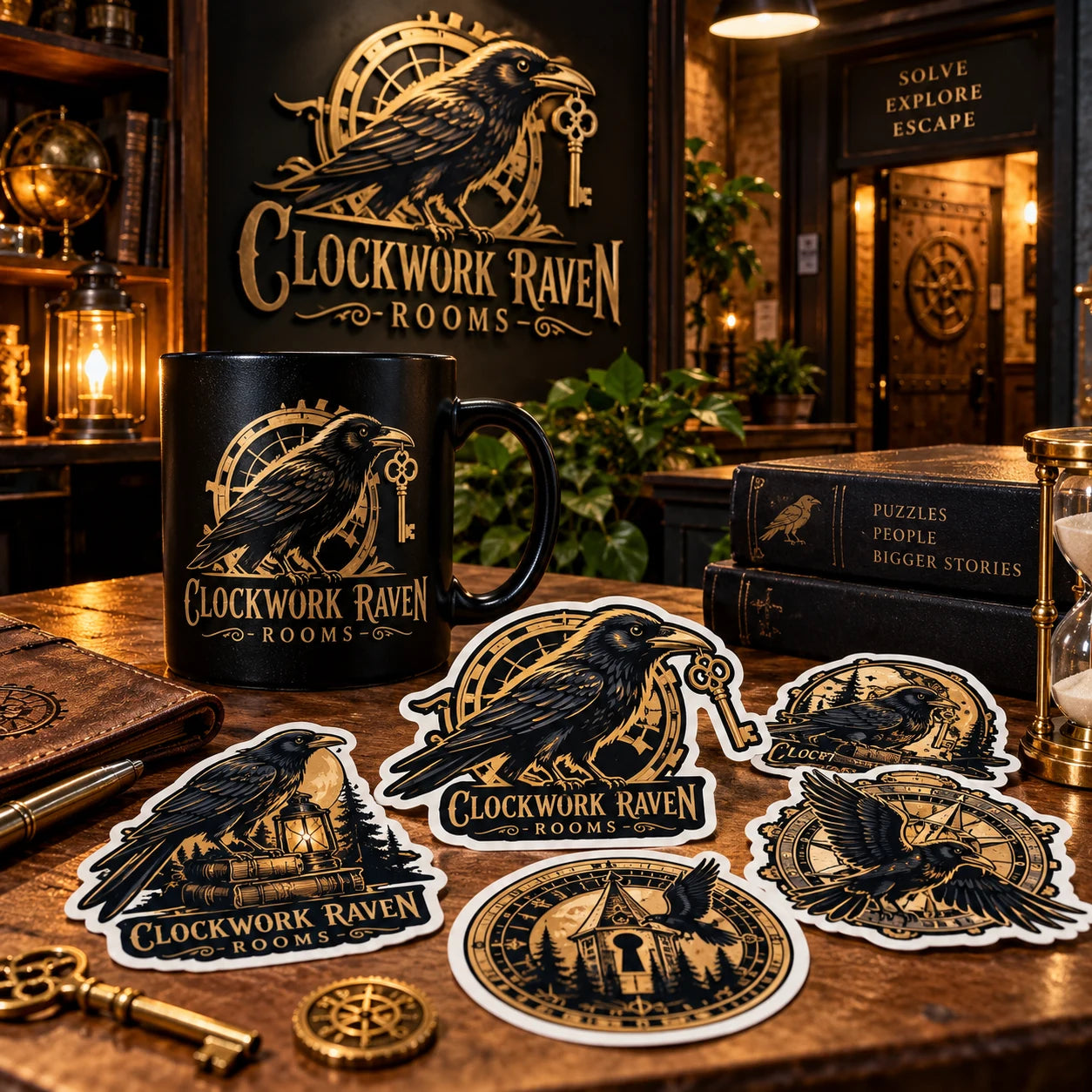 Clockwork Raven Rooms fictional example storefront with custom lettering and stickers