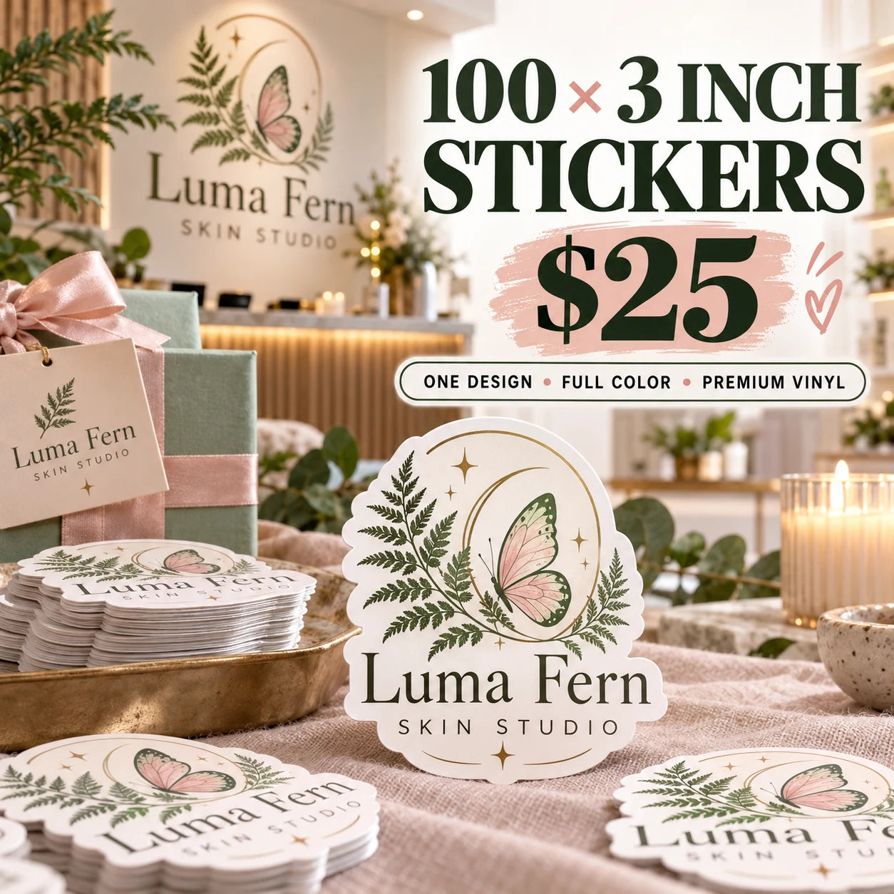 Luma Fern Skin Studio fictional example: 100 custom 3 inch stickers for $25