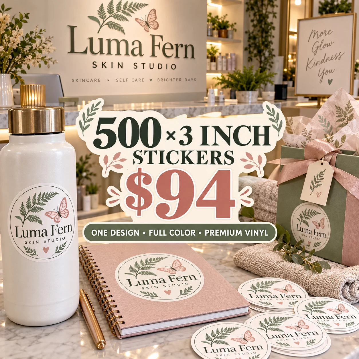 Luma Fern Skin Studio fictional example: 500 custom 3 inch stickers for $94