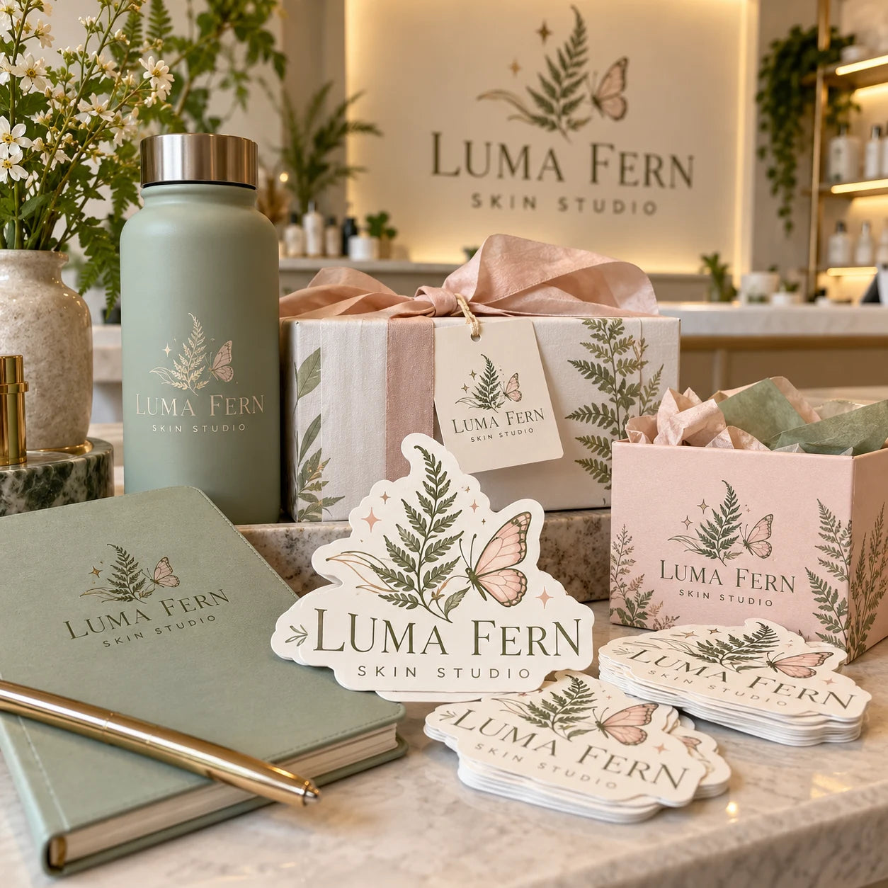 Luma Fern Skin Studio fictional example storefront with custom lettering and stickers