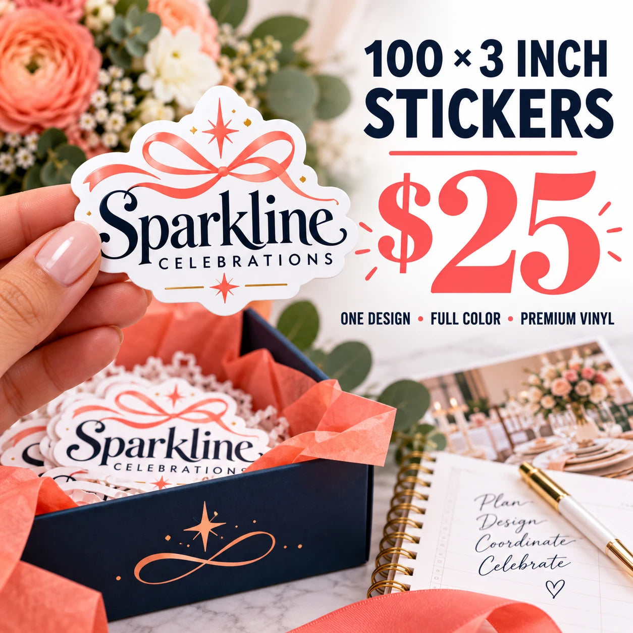 Sparkline Celebrations fictional example: 100 custom 3 inch stickers for $25