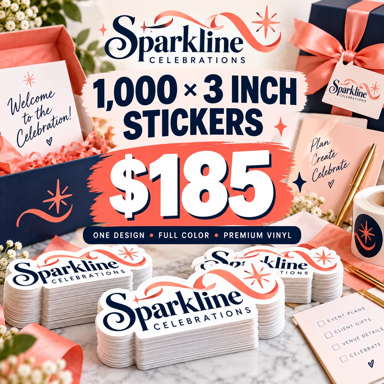 Sparkline Celebrations fictional packaging and sticker ideas