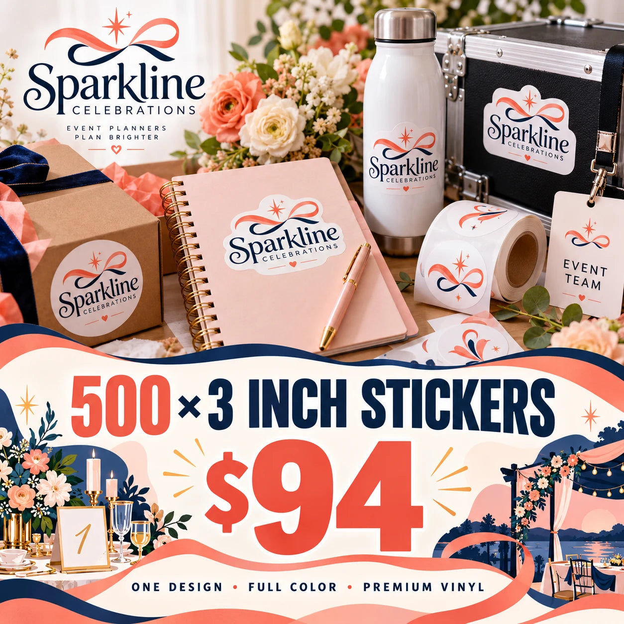 Sparkline Celebrations fictional example: 500 custom 3 inch stickers for $94