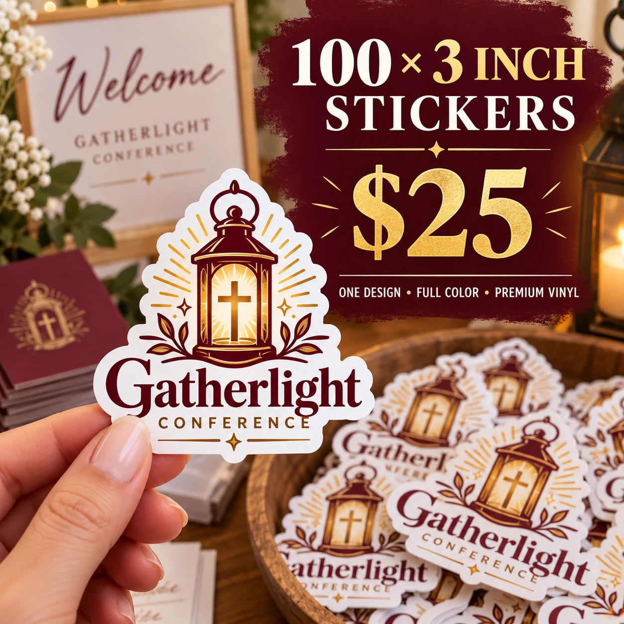 Gatherlight Conference fictional example: 100 custom 3 inch stickers for $25