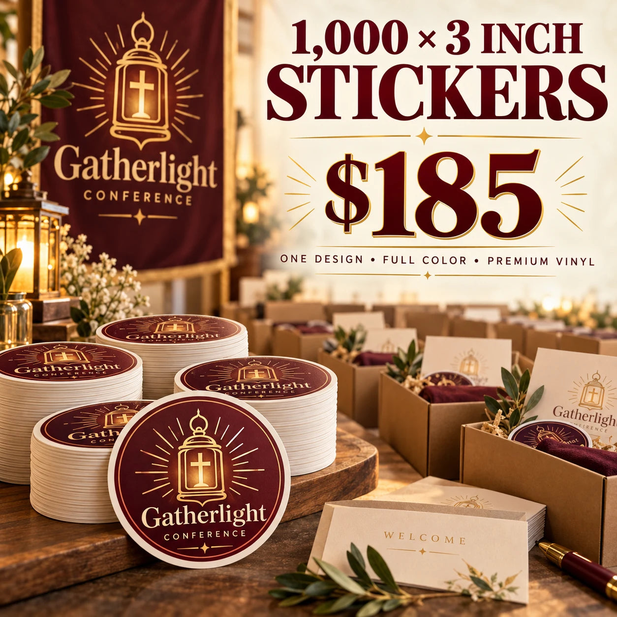 Gatherlight Conference fictional example: 1000 custom 3 inch stickers for $185