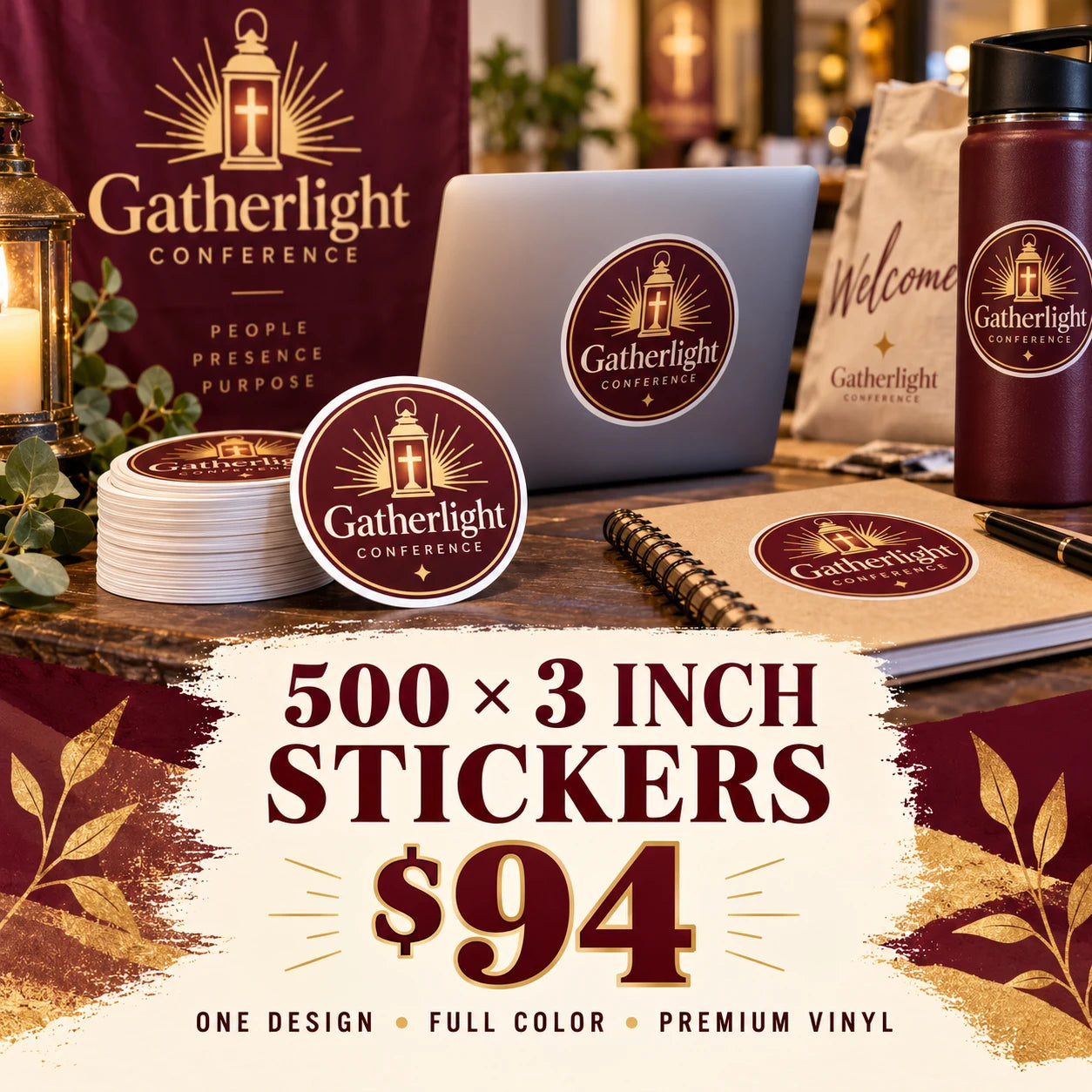 Gatherlight Conference fictional example: 500 custom 3 inch stickers for $94