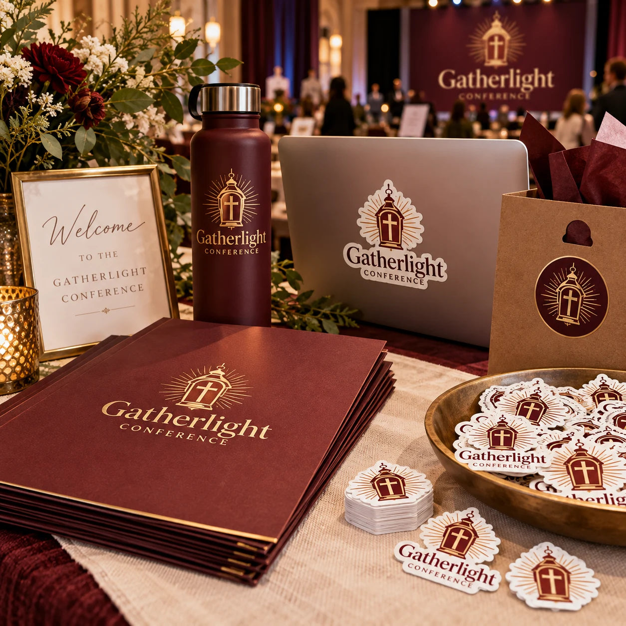 Gatherlight Conference fictional example storefront with custom lettering and stickers