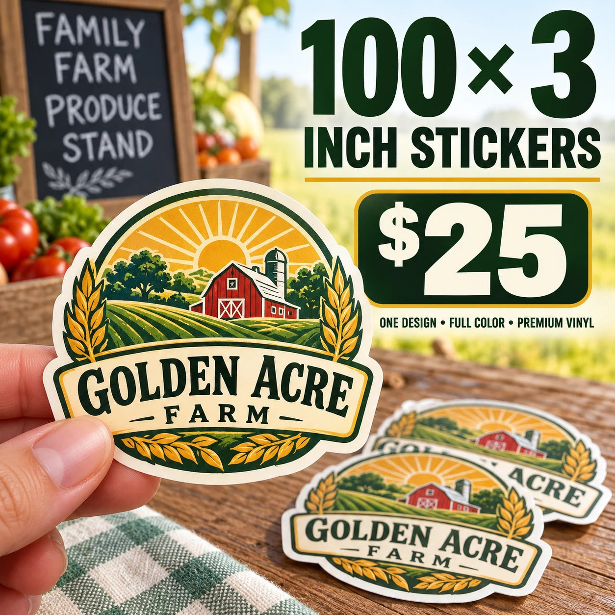 Golden Acre Farm fictional example: 100 custom 3 inch stickers for $25