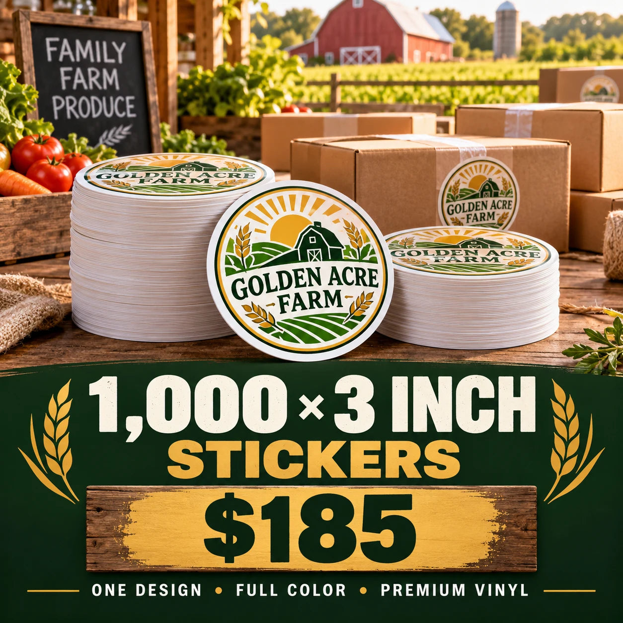 Golden Acre Farm fictional example: 1000 custom 3 inch stickers for $185