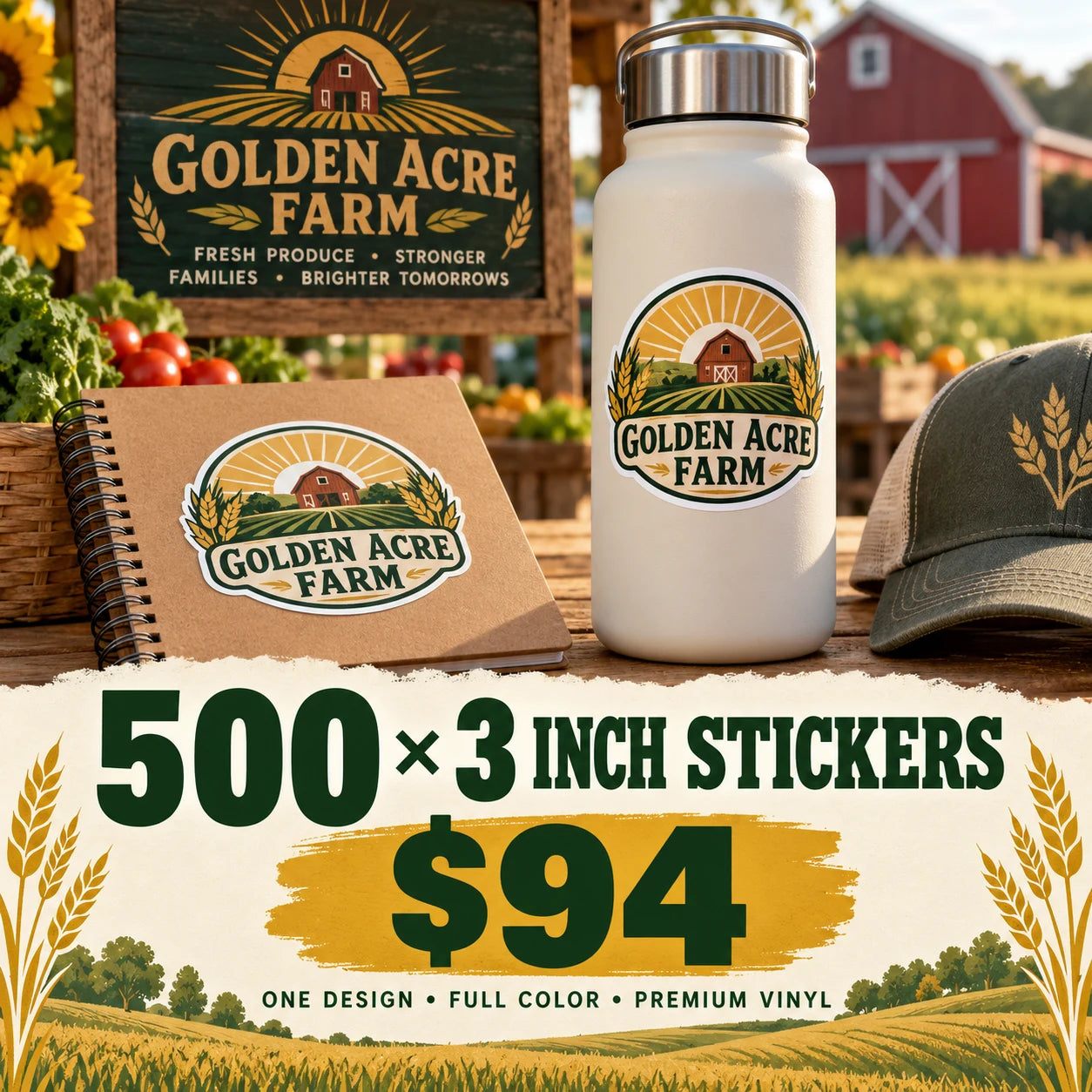 Golden Acre Farm fictional example: 500 custom 3 inch stickers for $94