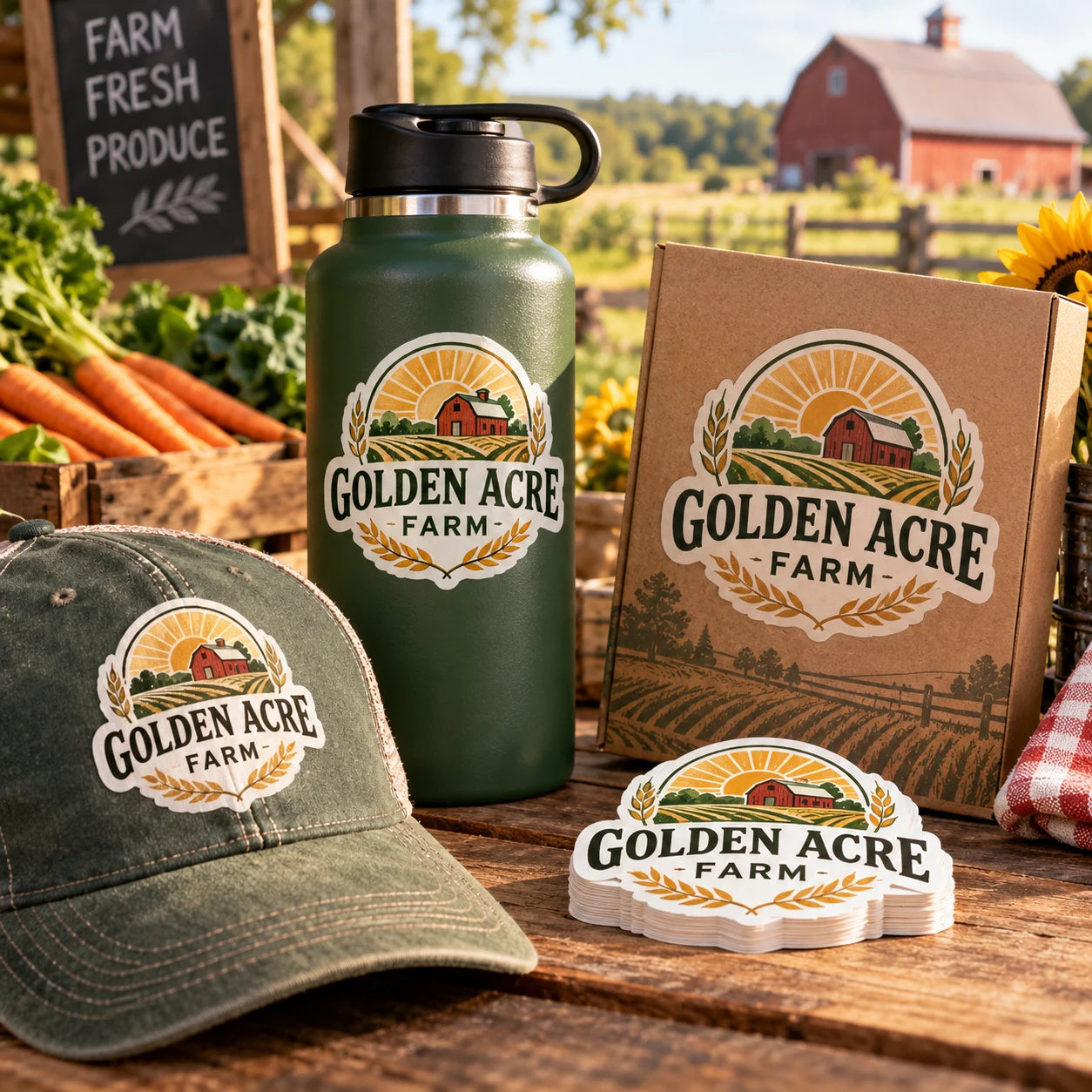 Golden Acre Farm fictional example storefront with custom lettering and stickers