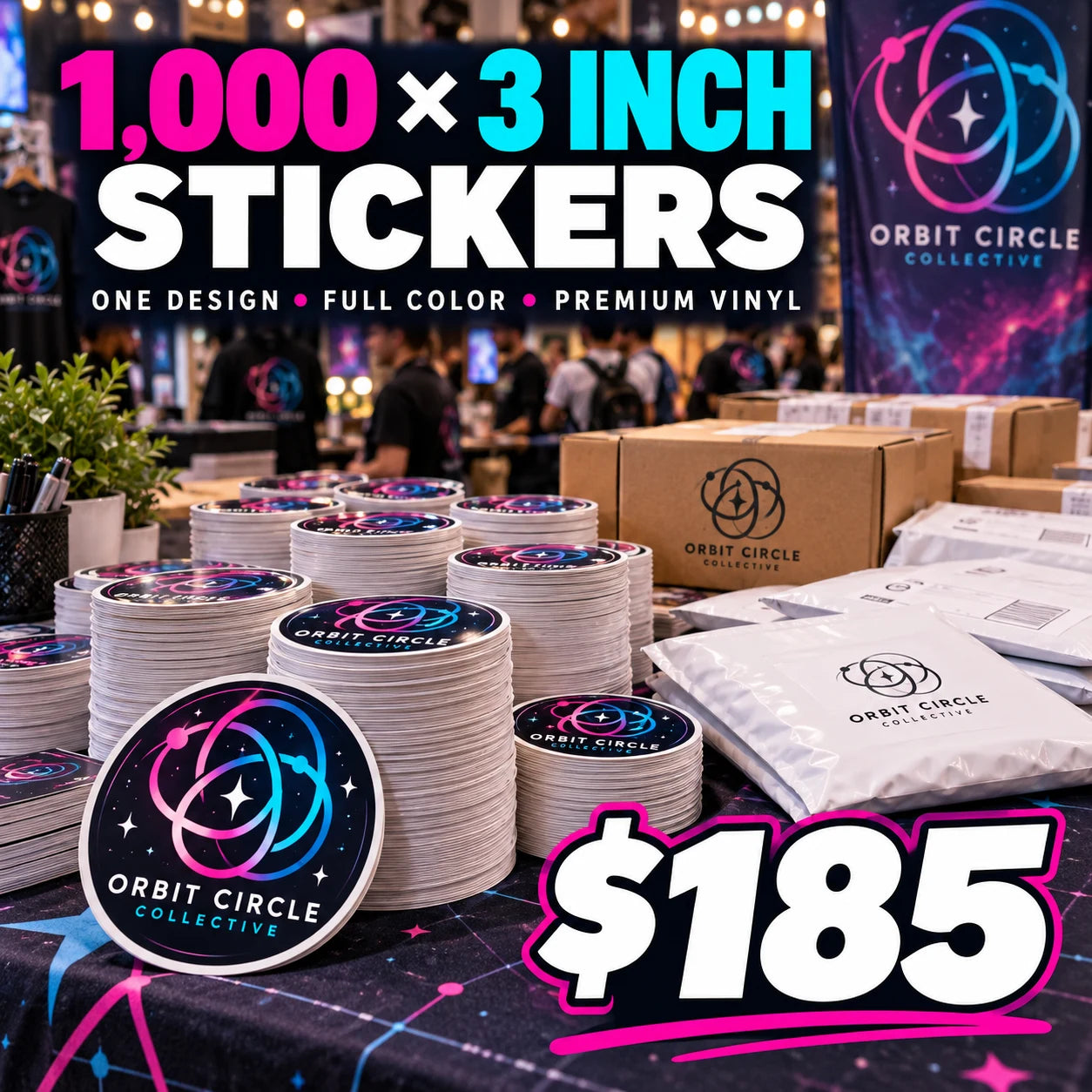 Orbit Circle Collective fictional example: 1000 custom 3 inch stickers for $185