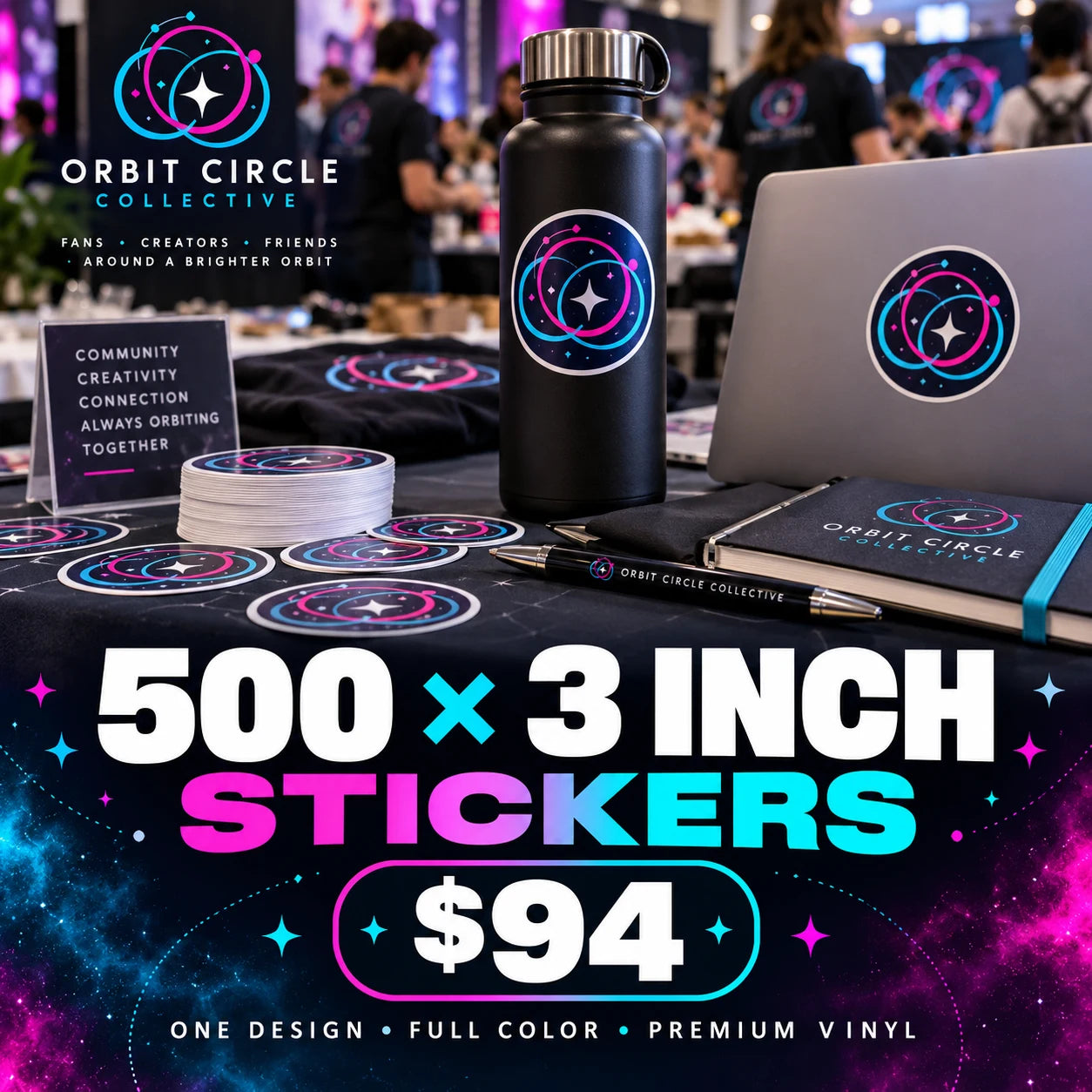 Orbit Circle Collective fictional example: 500 custom 3 inch stickers for $94