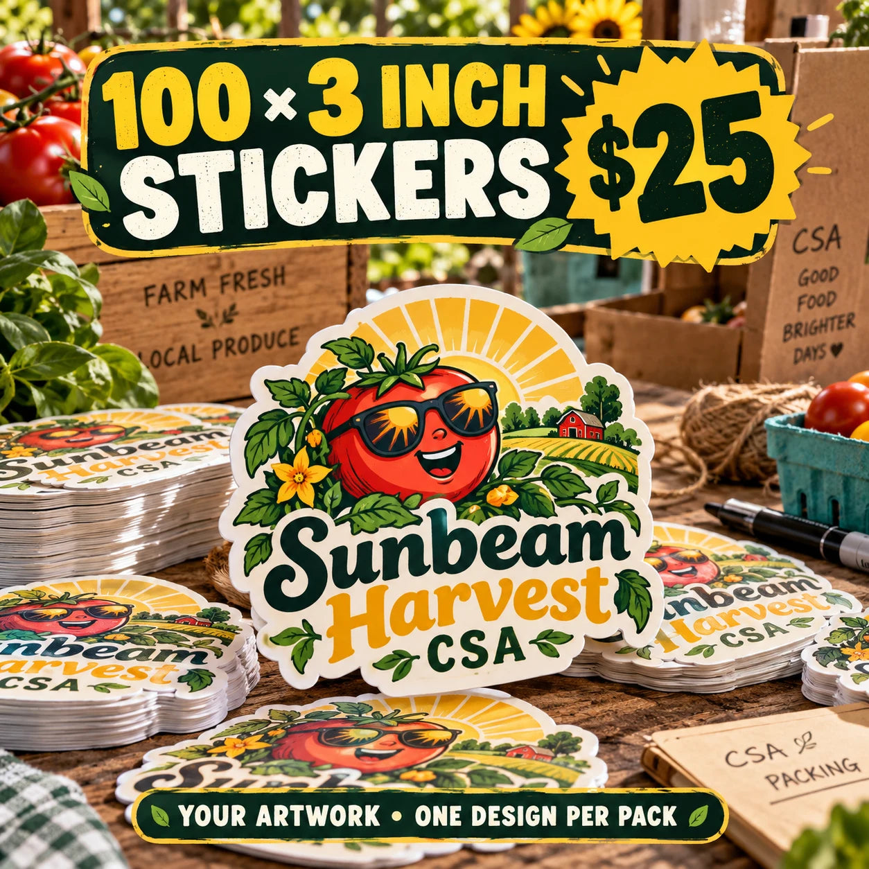 Sunbeam Harvest CSA fictional example: 100 custom 3 inch stickers for $25