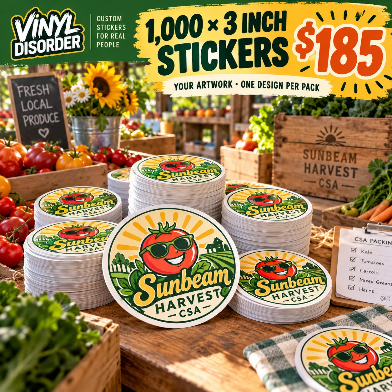 Sunbeam Harvest CSA fictional example: 1000 custom 3 inch stickers for $185