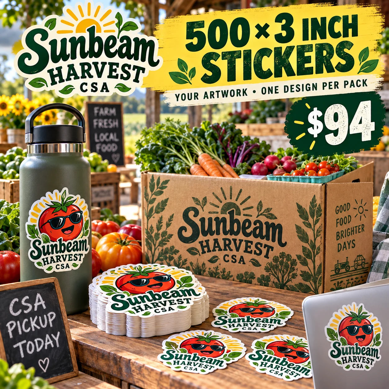 Sunbeam Harvest CSA fictional example: 500 custom 3 inch stickers for $94