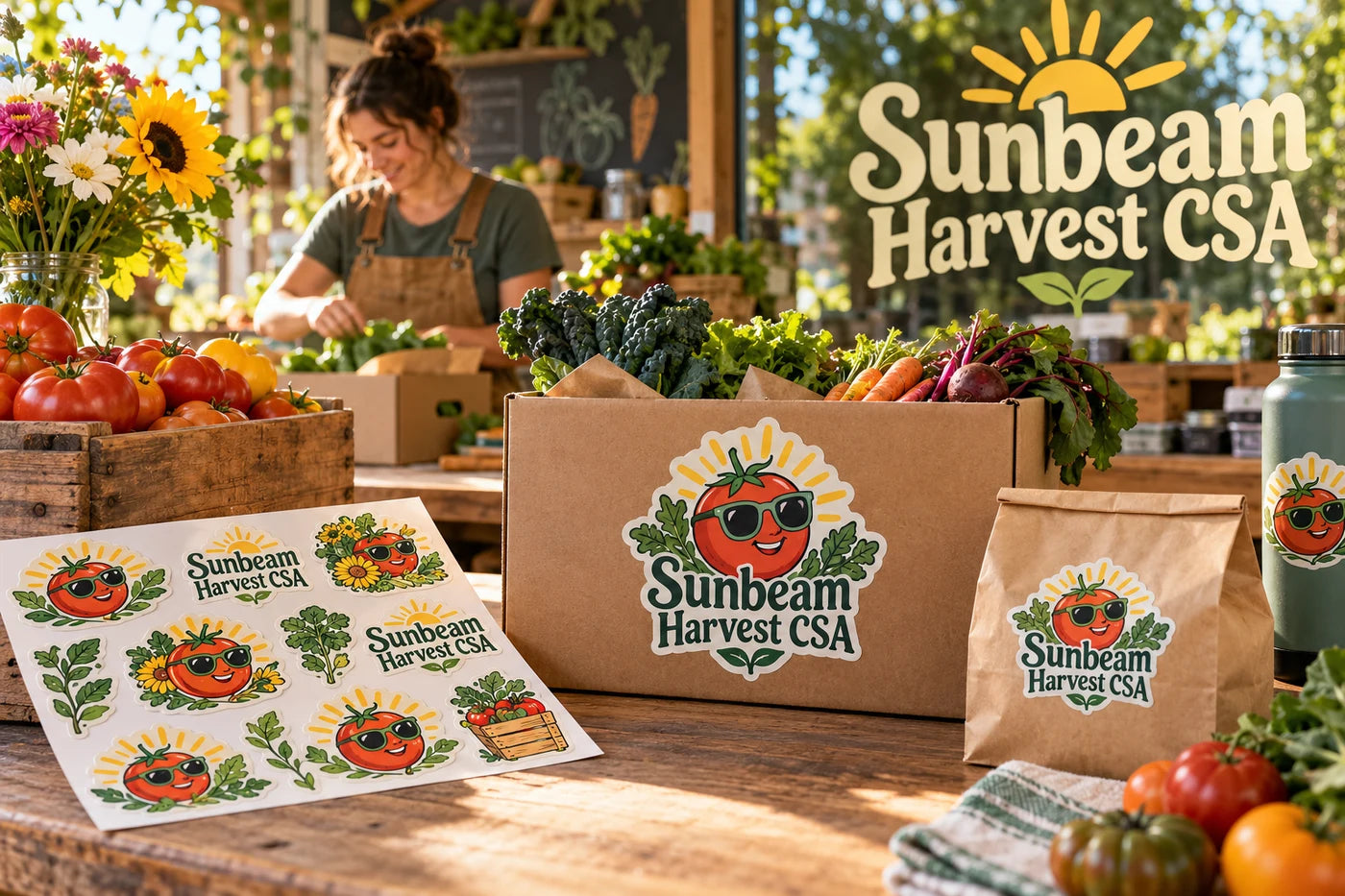 Sunbeam Harvest CSA fictional example storefront with custom lettering and stickers