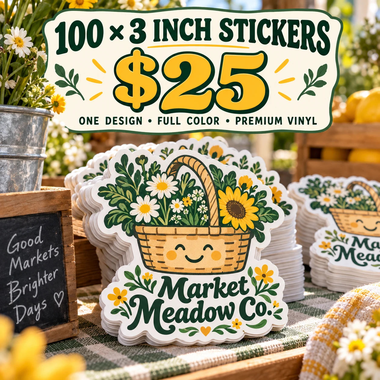 Market Meadow Co. fictional example: 100 custom 3 inch stickers for $25
