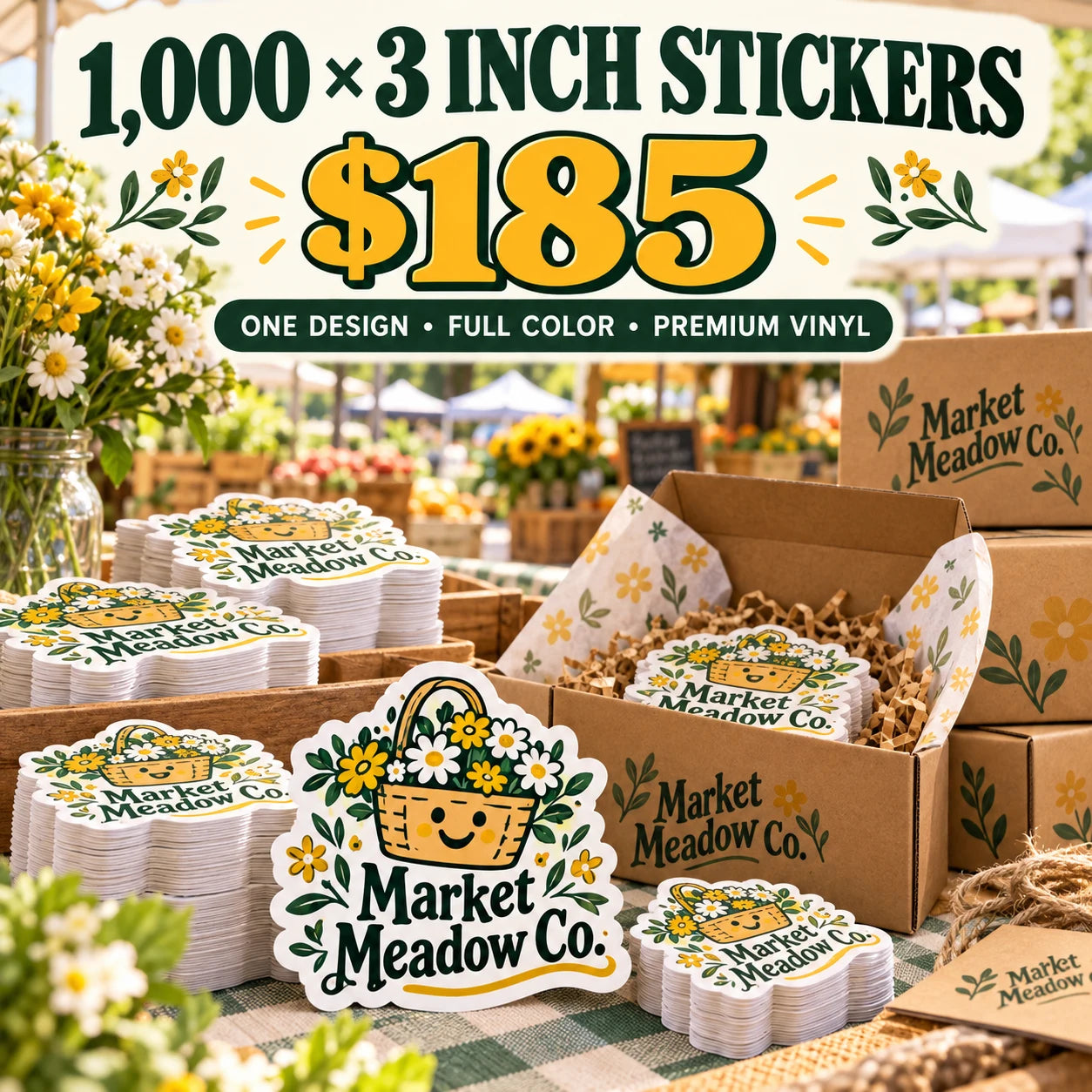 Market Meadow Co. fictional example: 1000 custom 3 inch stickers for $185