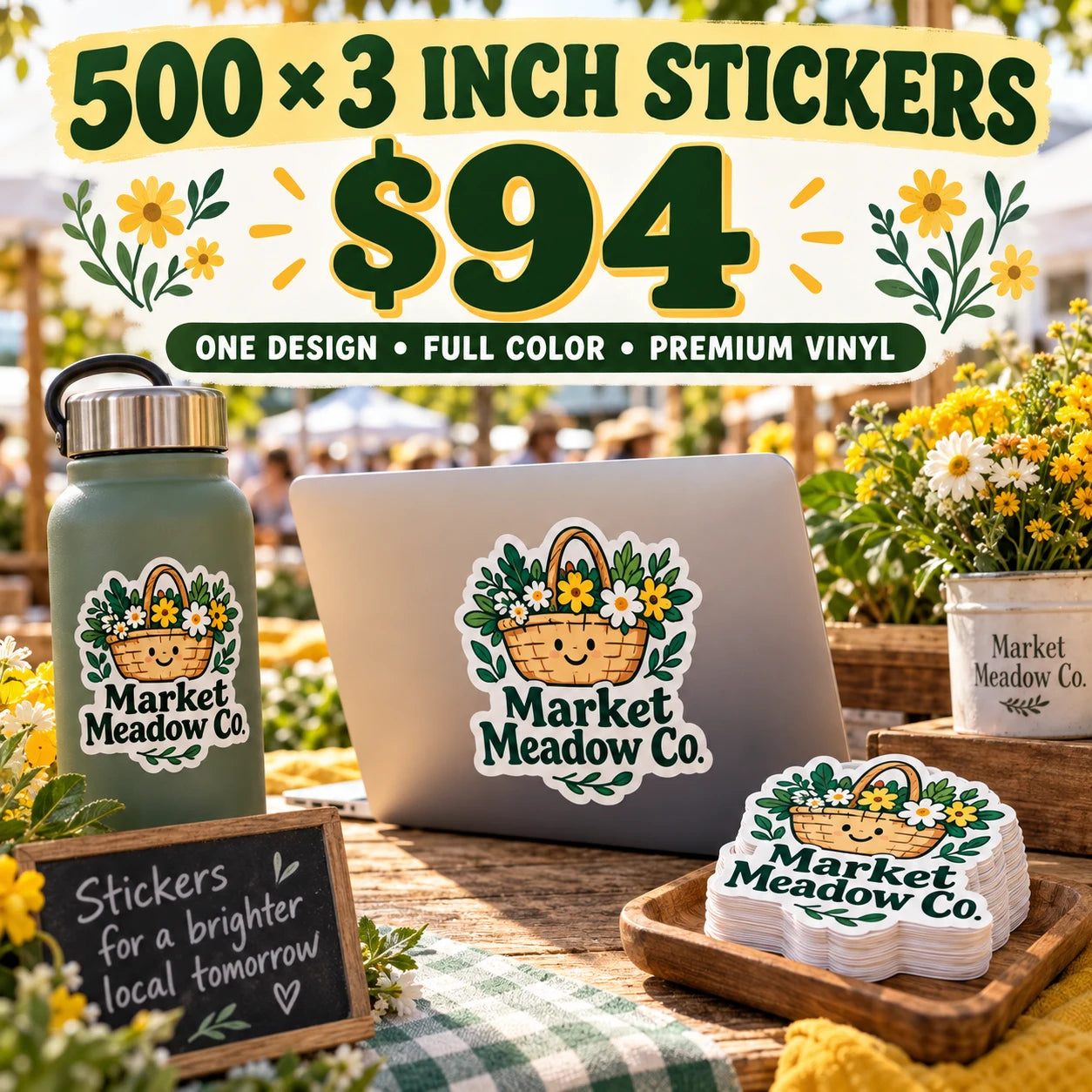 Market Meadow Co. fictional example: 500 custom 3 inch stickers for $94