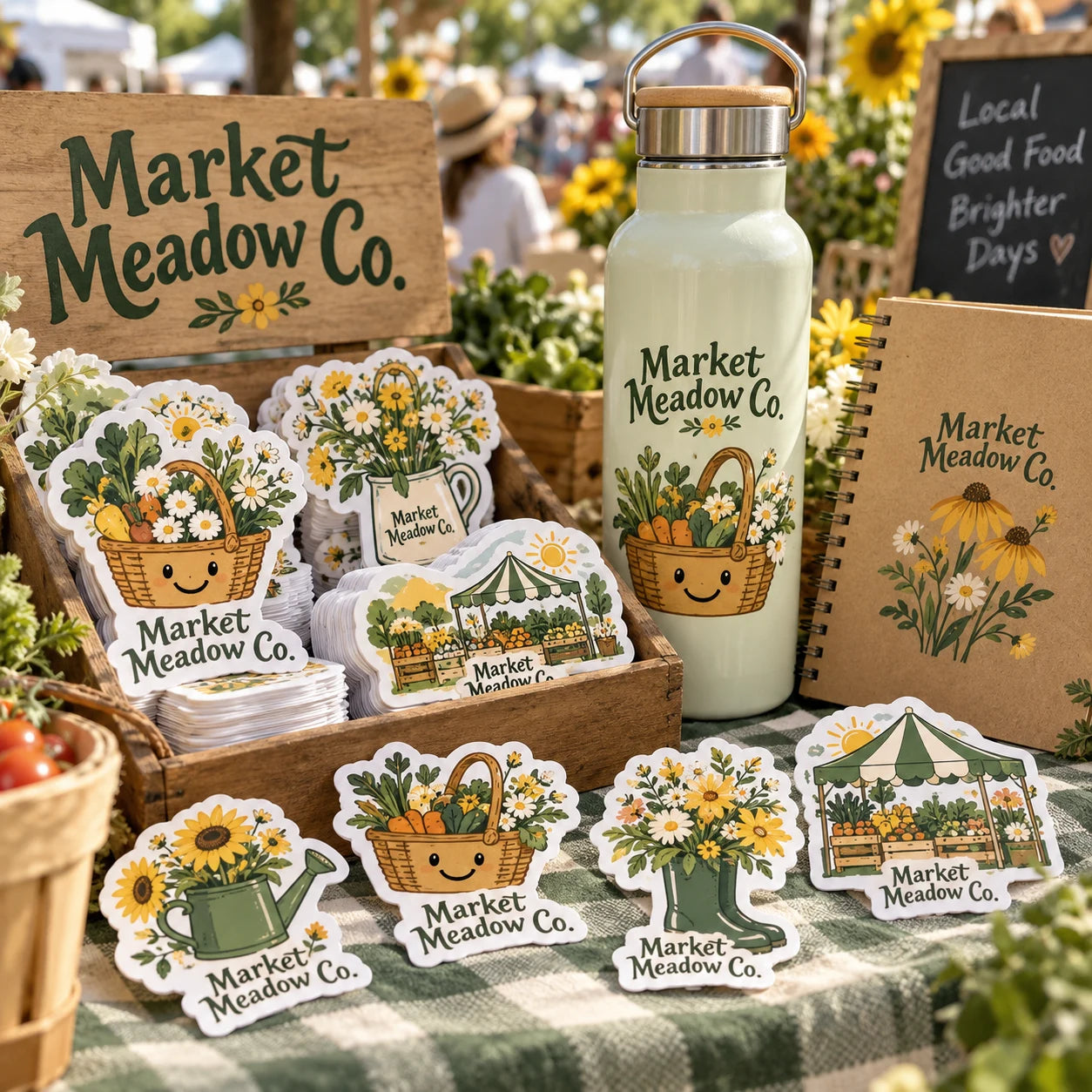 Market Meadow Co. fictional example storefront with custom lettering and stickers