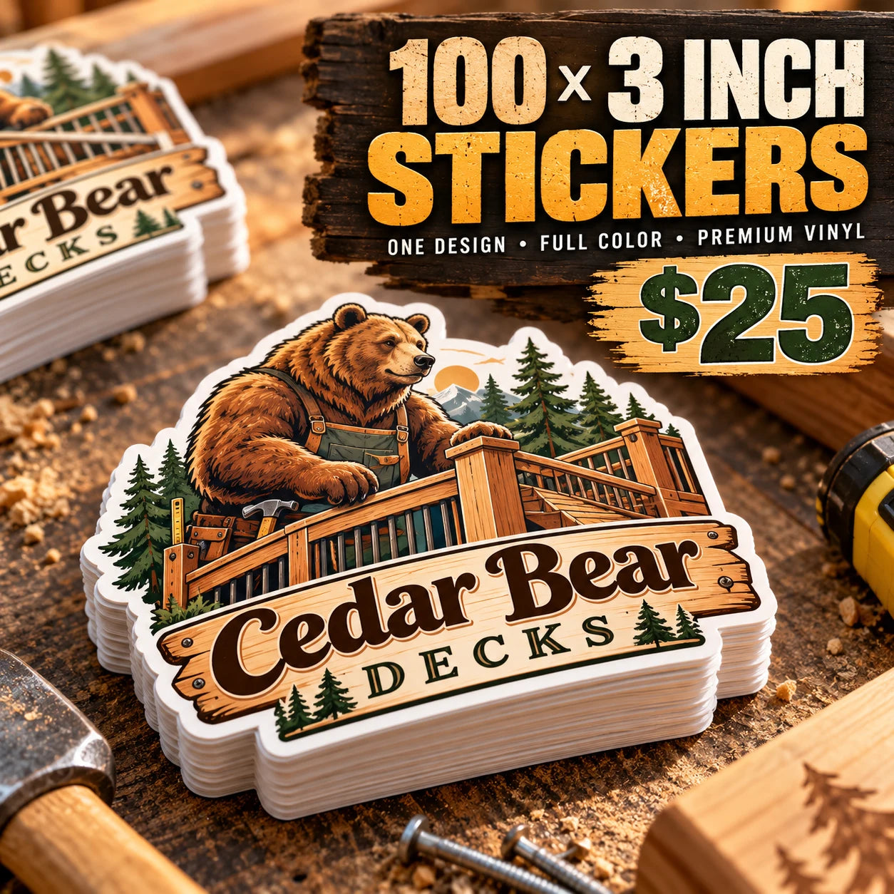 Cedar Bear Decks fictional example: 100 custom 3 inch stickers for $25