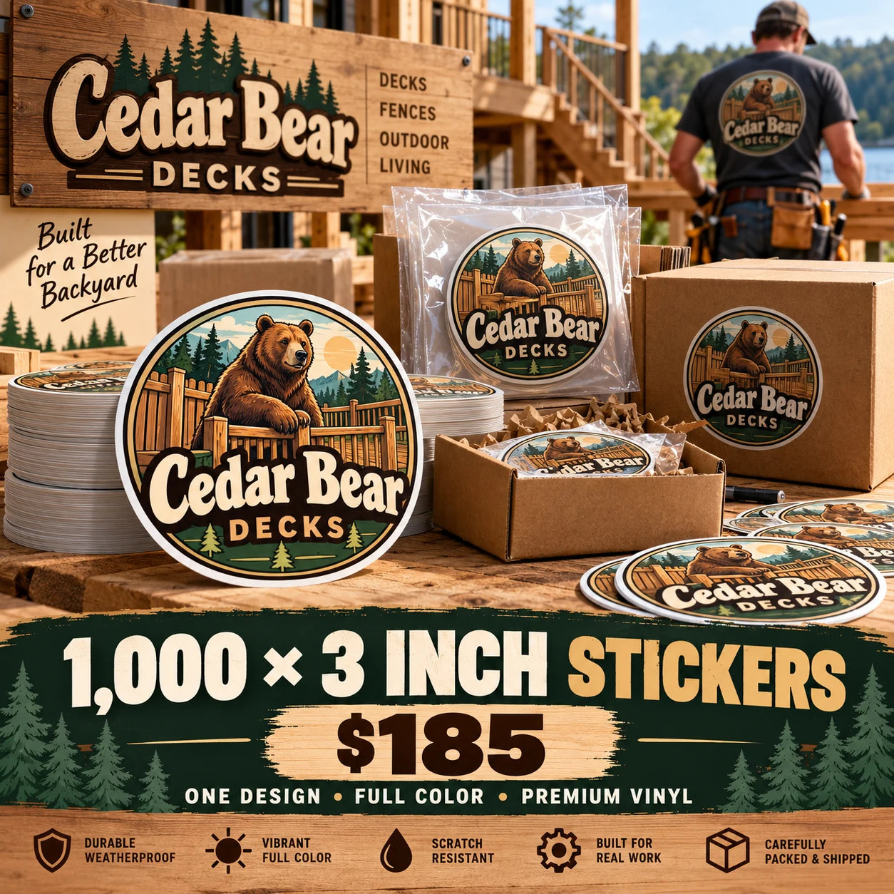 Cedar Bear Decks fictional example: 1000 custom 3 inch stickers for $185