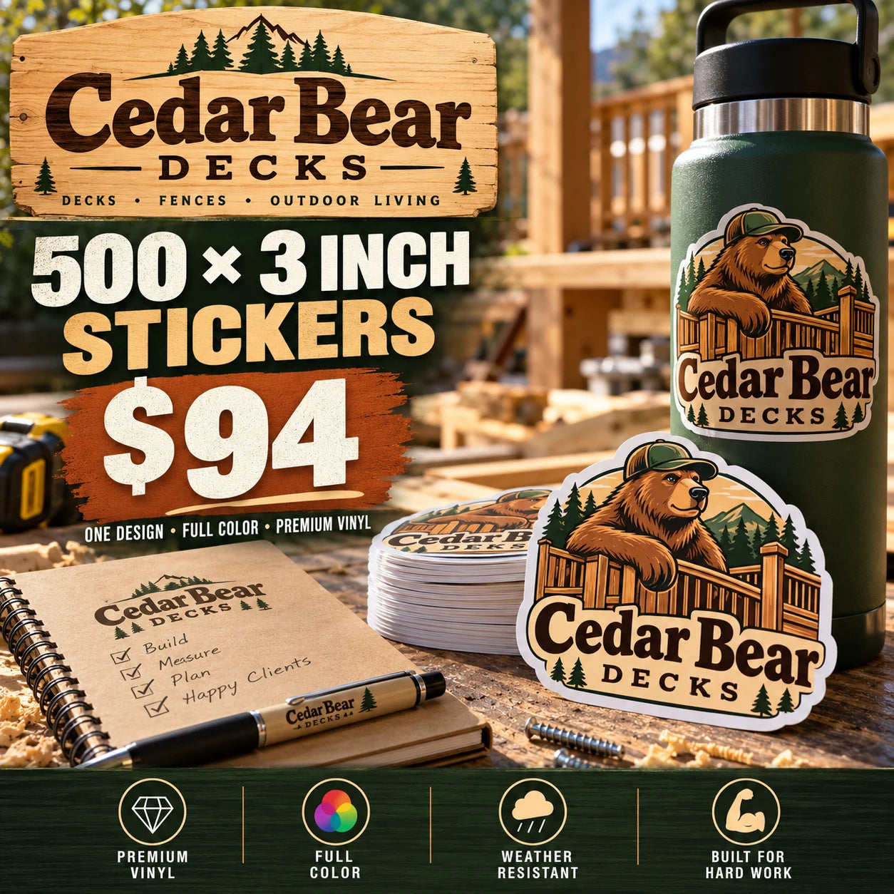 Cedar Bear Decks fictional example: 500 custom 3 inch stickers for $94